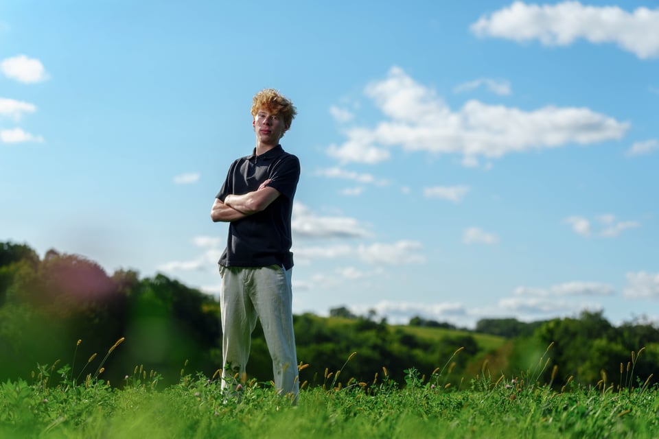 Logan Meier poses for senior photos outside Monroe, Wisconsin on September 5th, 2025. Meirer will graduate in 2026. for Second Crop Creative.