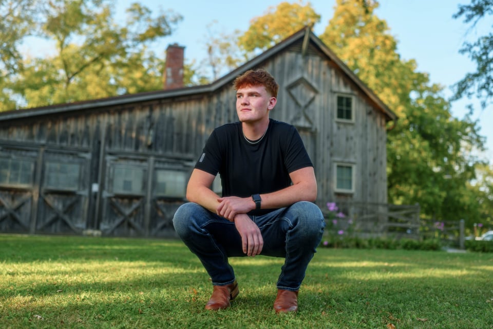Lucas Keating poses for senior photos at Beckman Mill in Beloit, Wisconsin on September 14th, 2025. Keating will graduate from Brodhead in 2026. for Second Crop Creative.