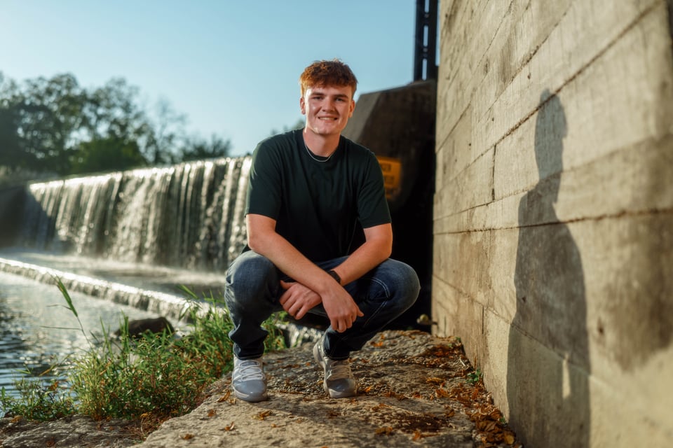 Lucas Keating poses for senior photos at Beckman Mill in Beloit, Wisconsin on September 14th, 2025. Keating will graduate from Brodhead in 2026. for Second Crop Creative.