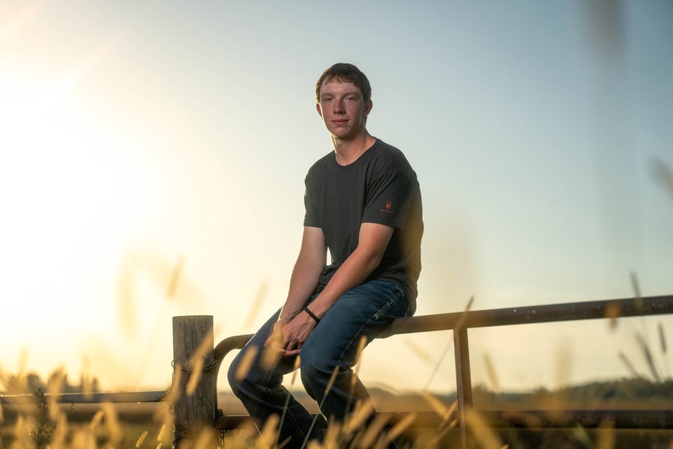 Coldan Altmann poses for senior photos in Monroe, Wisconsin on September 29th, 2025. Altmann will graduate in 2026. for Second Crop Creative.