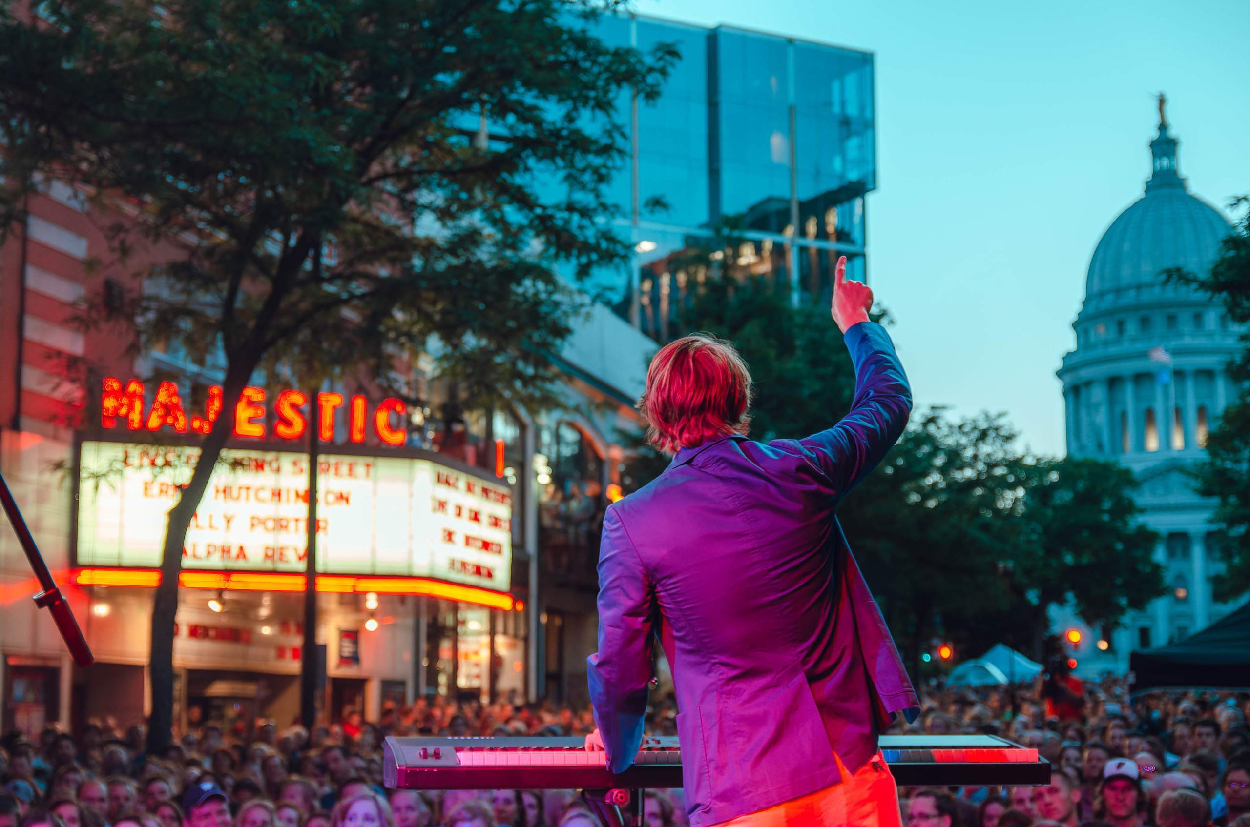 Eric Hutchinson performing Live on King Street outside The Majestic in Madison, WI July 26th, 2013, photography by Ross Harried for Second Crop Music
