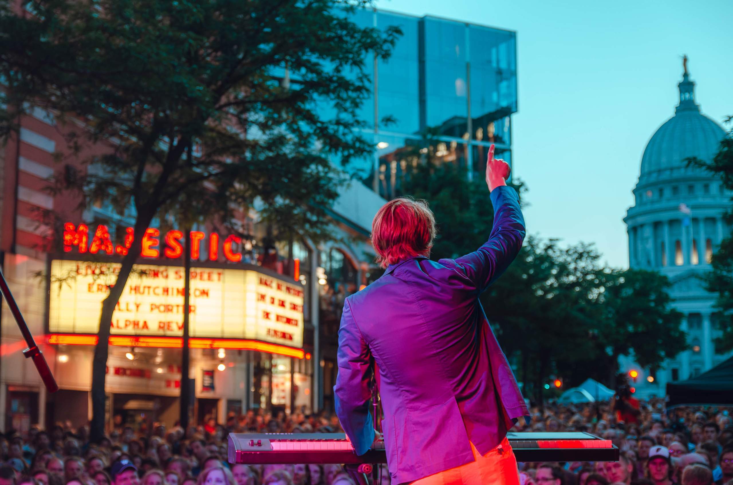 Eric Hutchinson performing Live on King Street outside The Majestic in Madison, WI July 26th, 2013, photography by Ross Harried for Second Crop Music