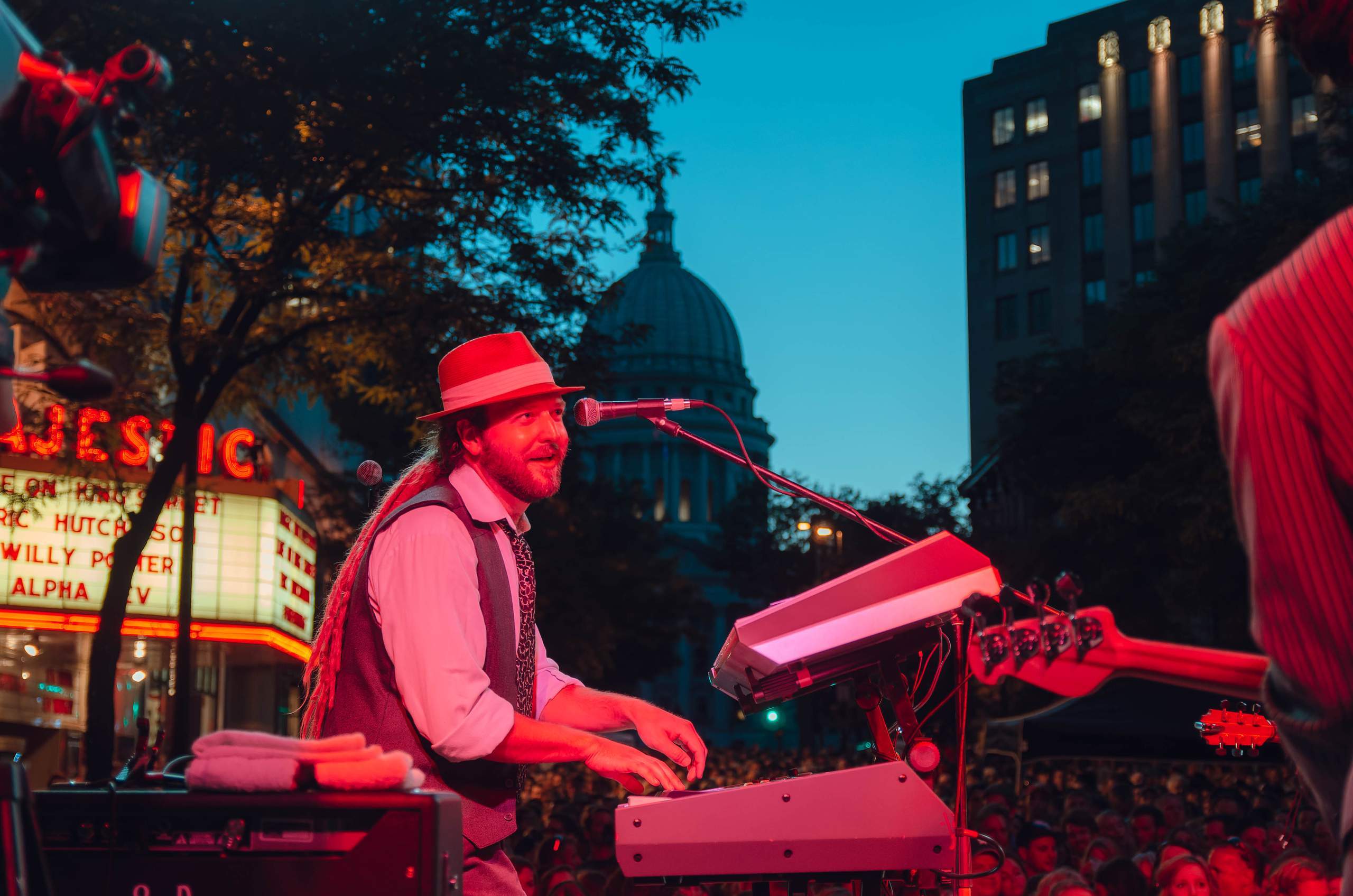 Eric Hutchinson performing Live on King Street outside The Majestic in Madison, WI July 26th, 2013, photography by Ross Harried for Second Crop Music