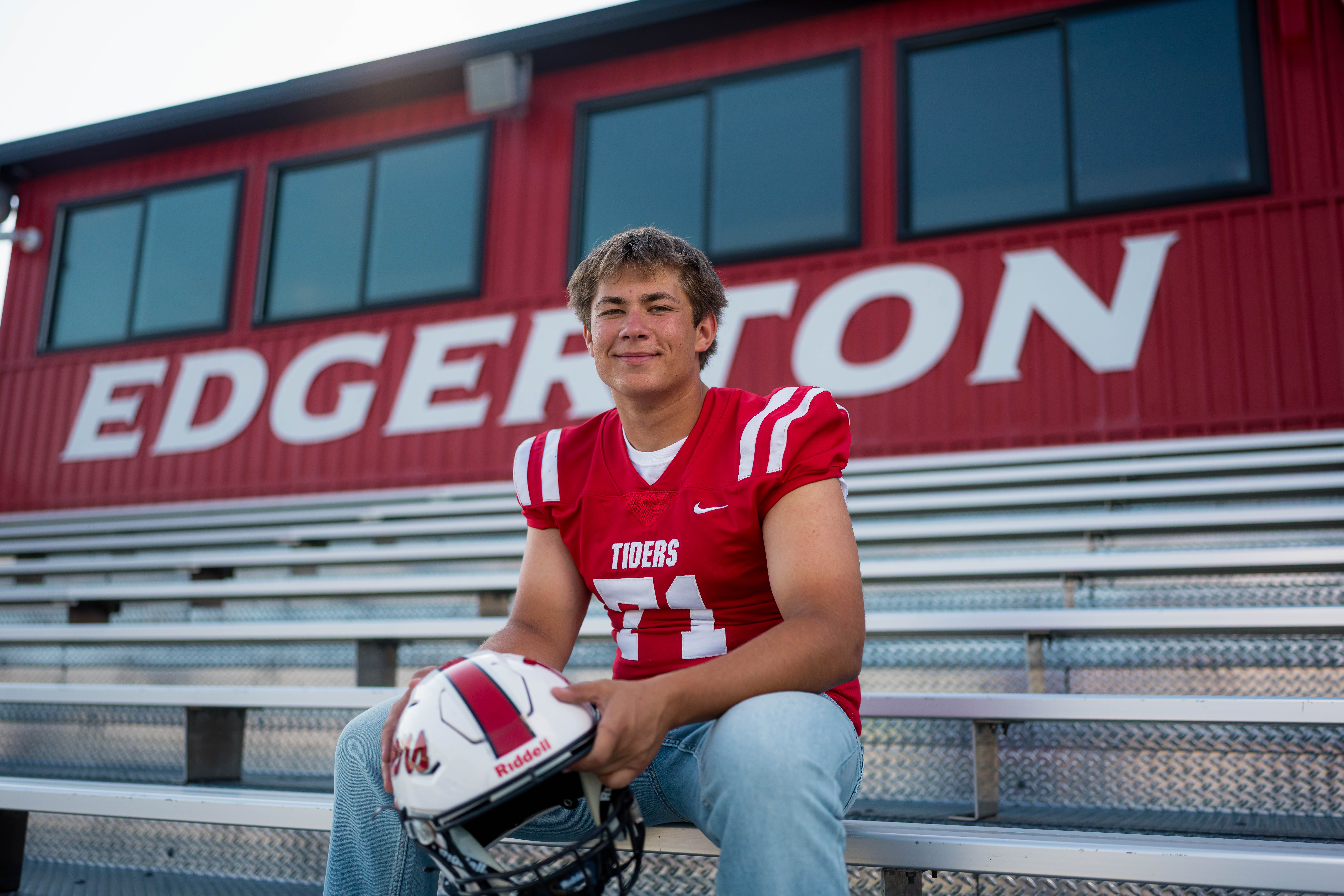Beckett Johnson poses for senior photos at Edgerton High School in Edgerton, Wisconsin on July 15th, 2025. Johnson will graduate in 2026. Photography by Ross Harried for Second Crop Creative.