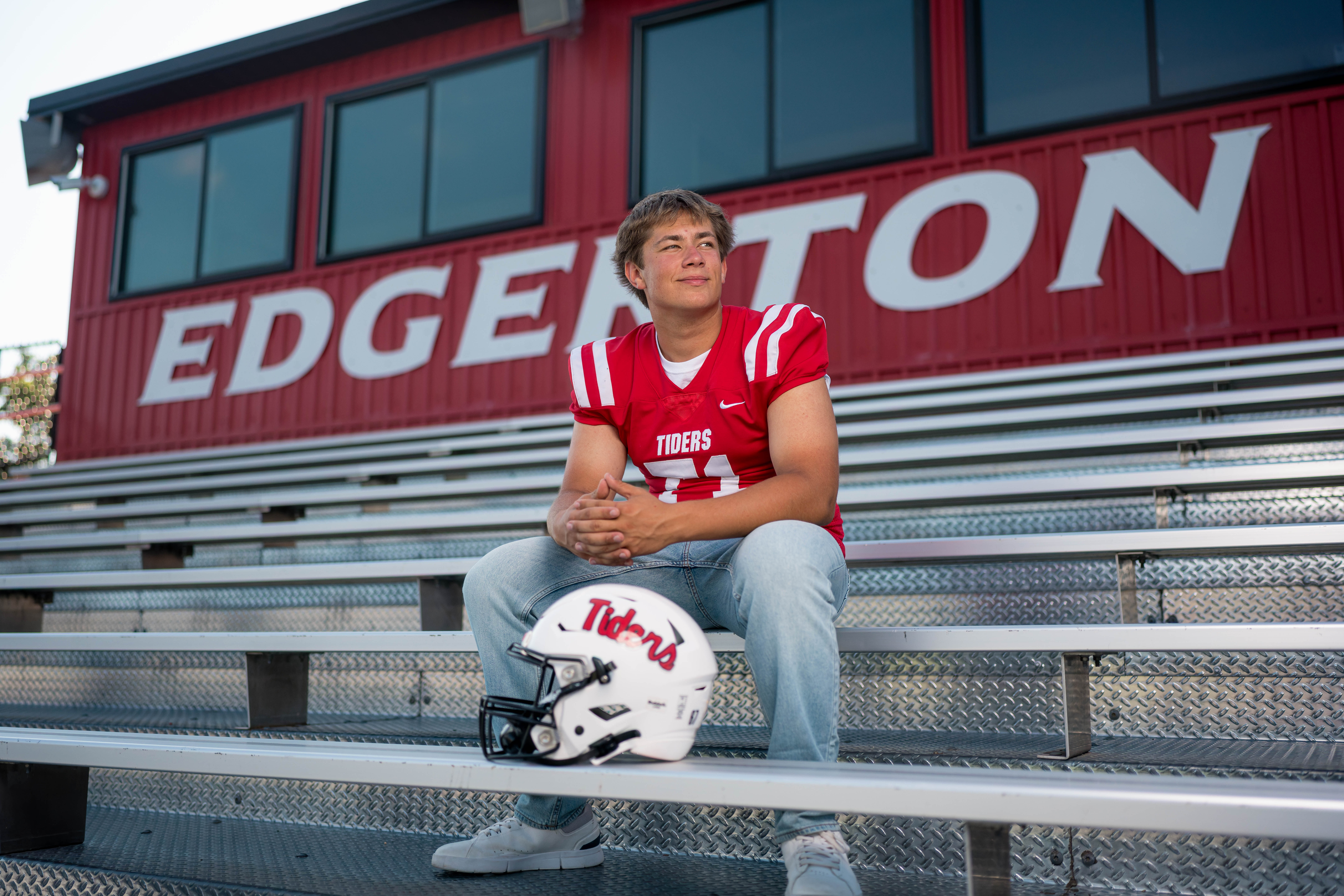 Beckett Johnson poses for senior photos at Edgerton High School in Edgerton, Wisconsin on July 15th, 2025. Johnson will graduate in 2026. Photography by Ross Harried for Second Crop Creative.
