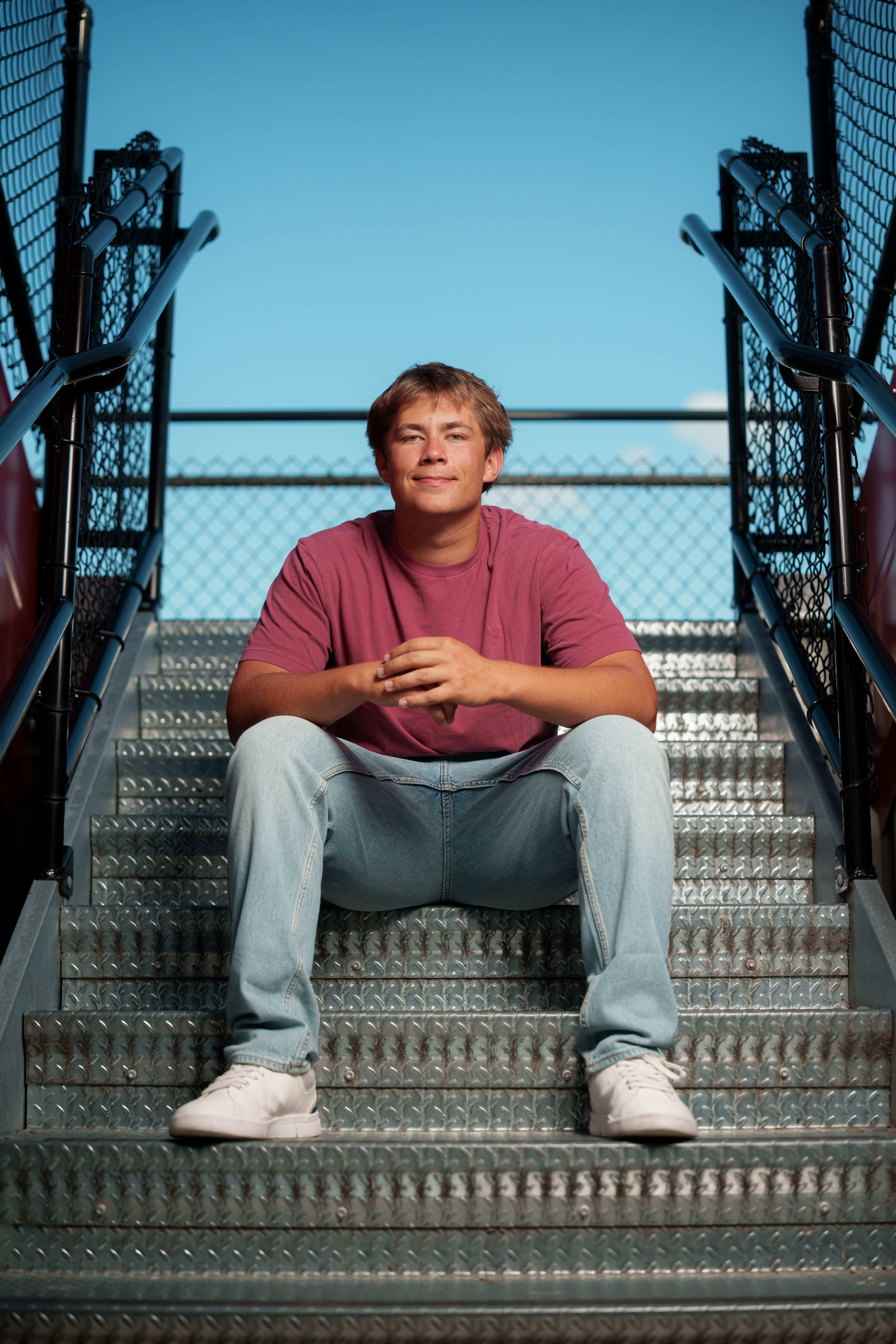 Beckett Johnson poses for senior photos at Edgerton High School in Edgerton, Wisconsin on July 15th, 2025. Johnson will graduate in 2026. Photography by Ross Harried for Second Crop Creative.