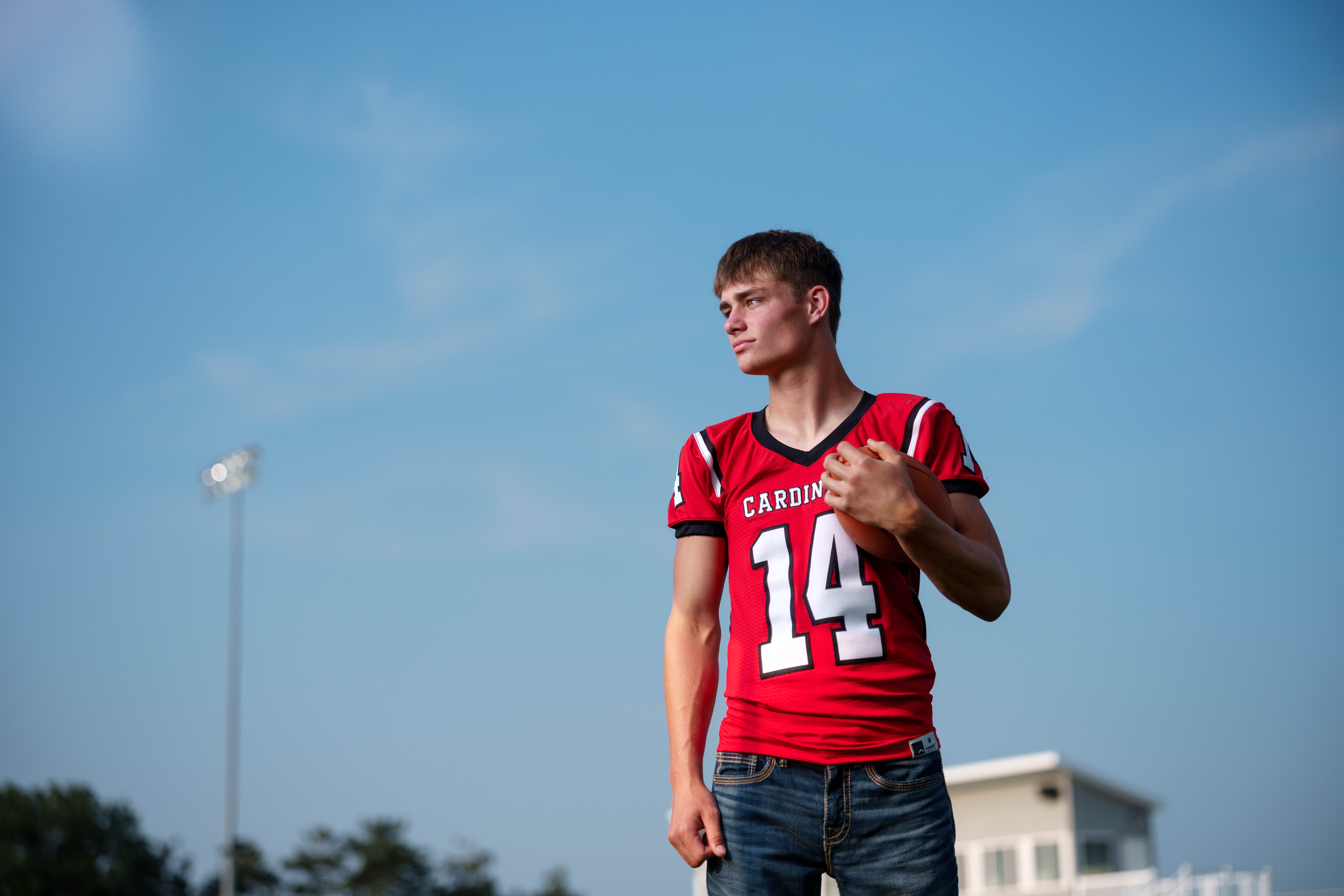 Click to View Larger Jayden Brown poses for senior photos at Brodhead High School in Brodhead, Wisconsin on August 4th, 2025. Brown will graduate in 2026. Photography by Ross Harried for Second Crop Creative.