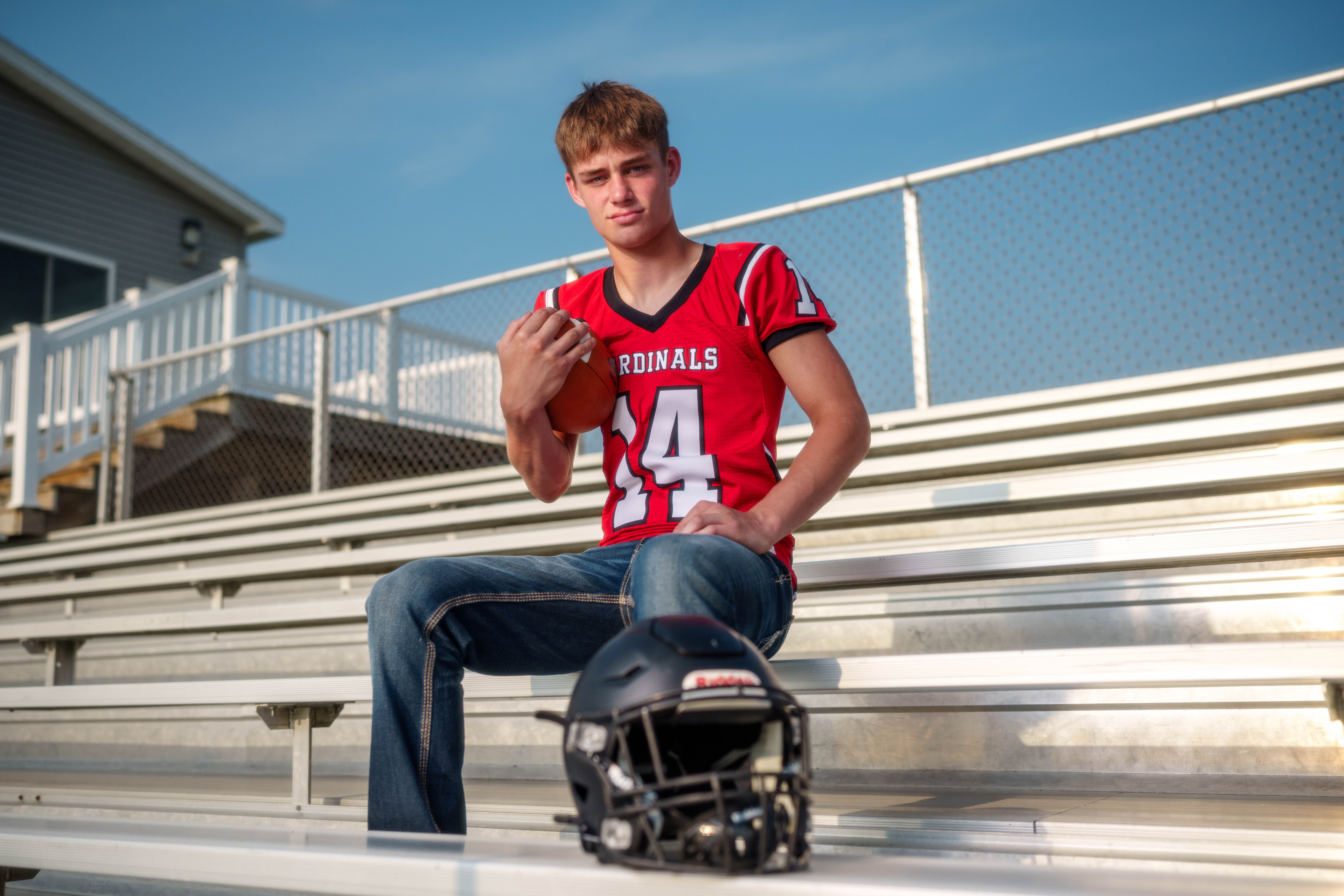 Click to View Larger Jayden Brown poses for senior photos at Brodhead High School in Brodhead, Wisconsin on August 4th, 2025. Brown will graduate in 2026. Photography by Ross Harried for Second Crop Creative.