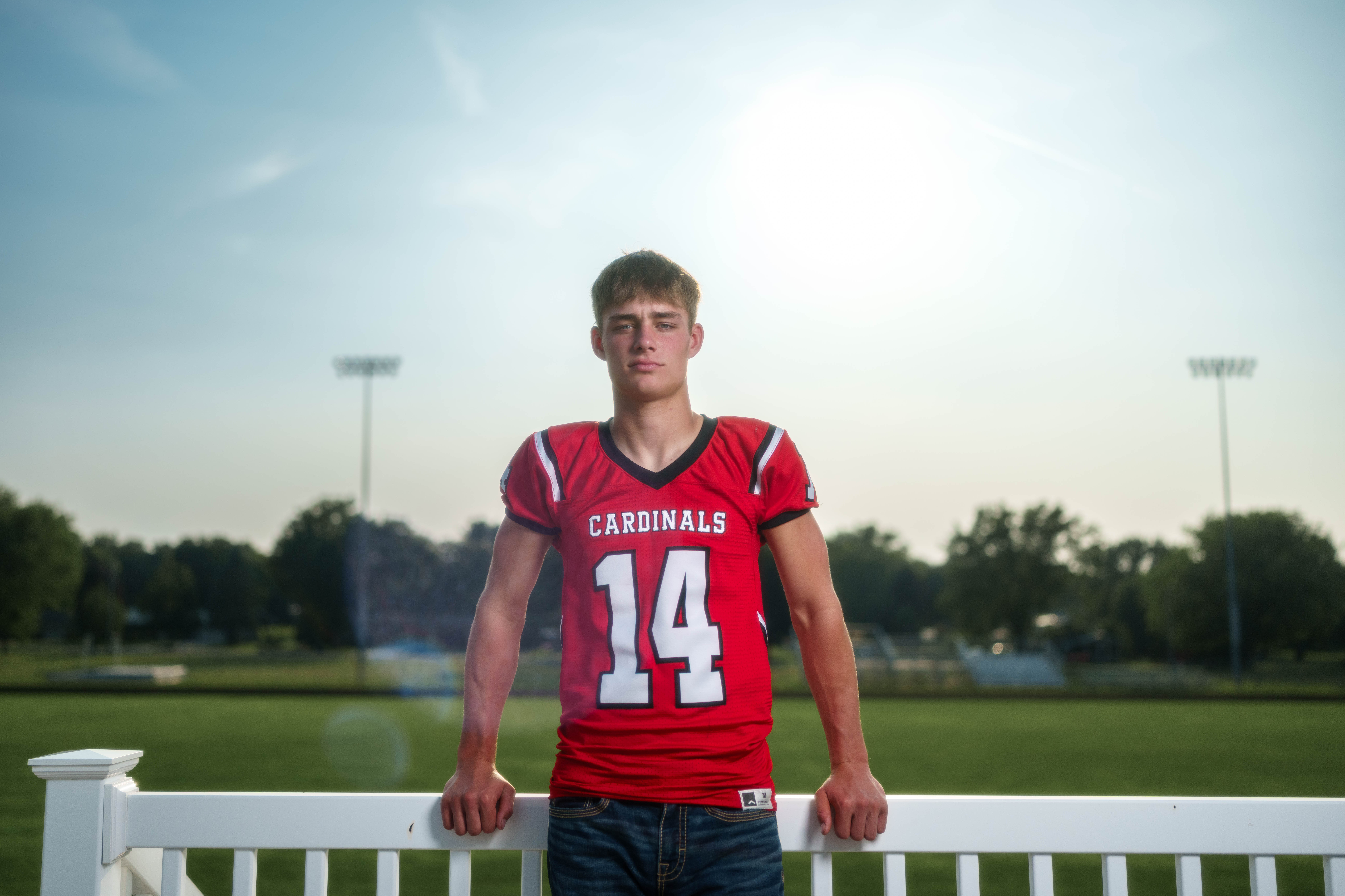 Click to View Larger Jayden Brown poses for senior photos at Brodhead High School in Brodhead, Wisconsin on August 4th, 2025. Brown will graduate in 2026. Photography by Ross Harried for Second Crop Creative.