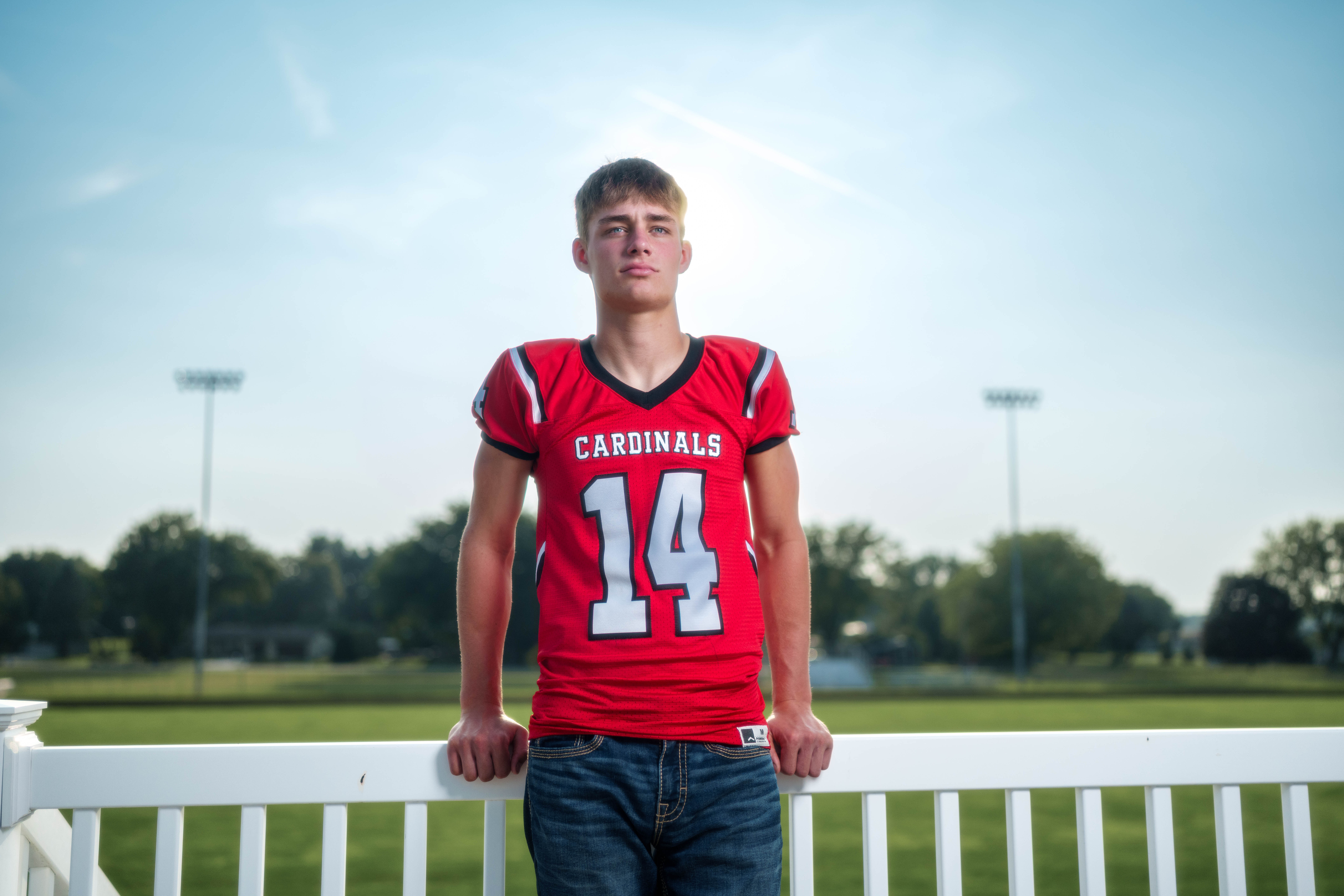 Click to View Larger Jayden Brown poses for senior photos at Brodhead High School in Brodhead, Wisconsin on August 4th, 2025. Brown will graduate in 2026. Photography by Ross Harried for Second Crop Creative.