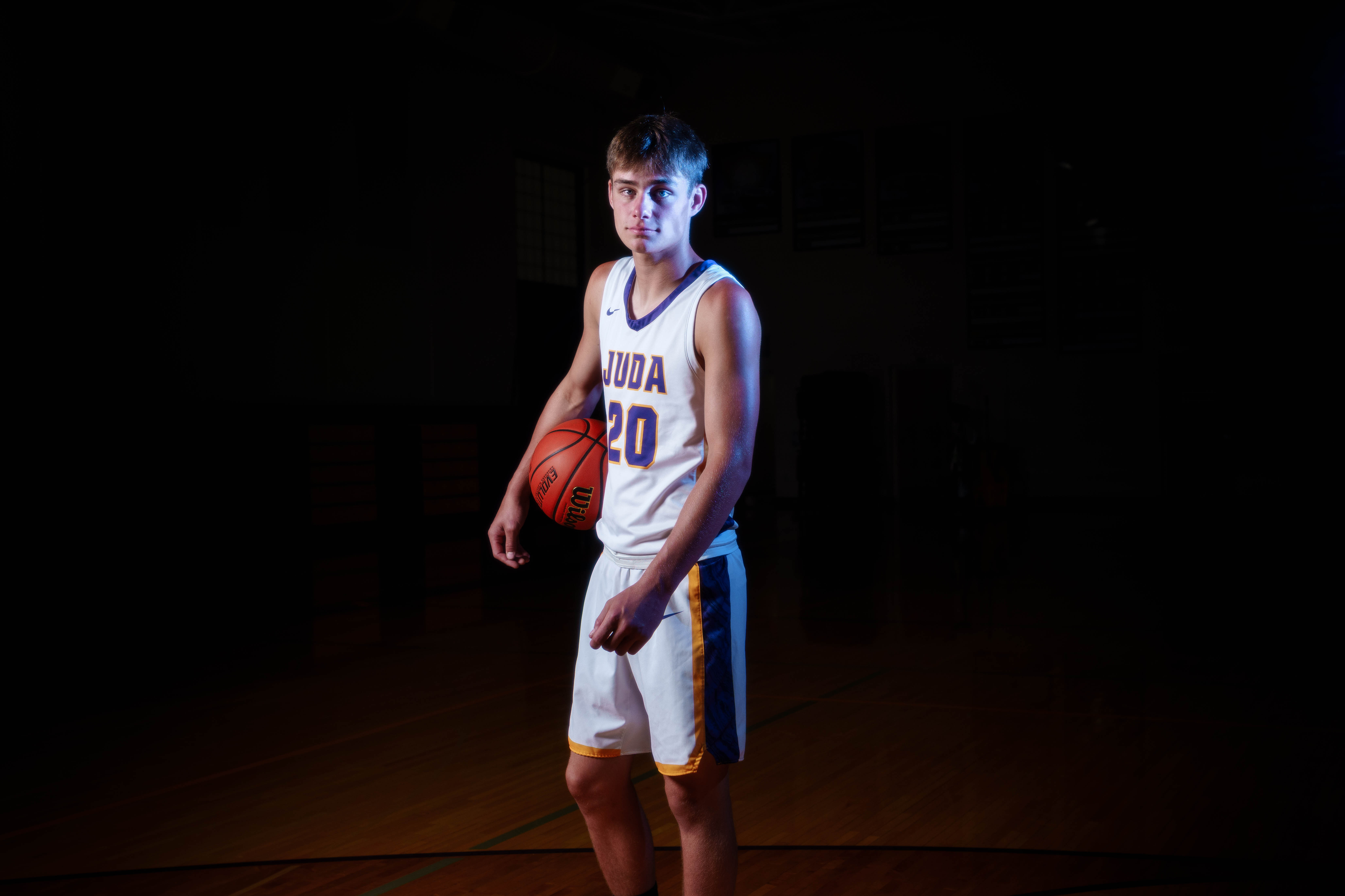 Click to View Larger Jayden Brown poses for senior photos at Juda High School in Juda, Wisconsin on August 4th, 2025. Brown will graduate in 2026. Photography by Ross Harried for Second Crop Creative.