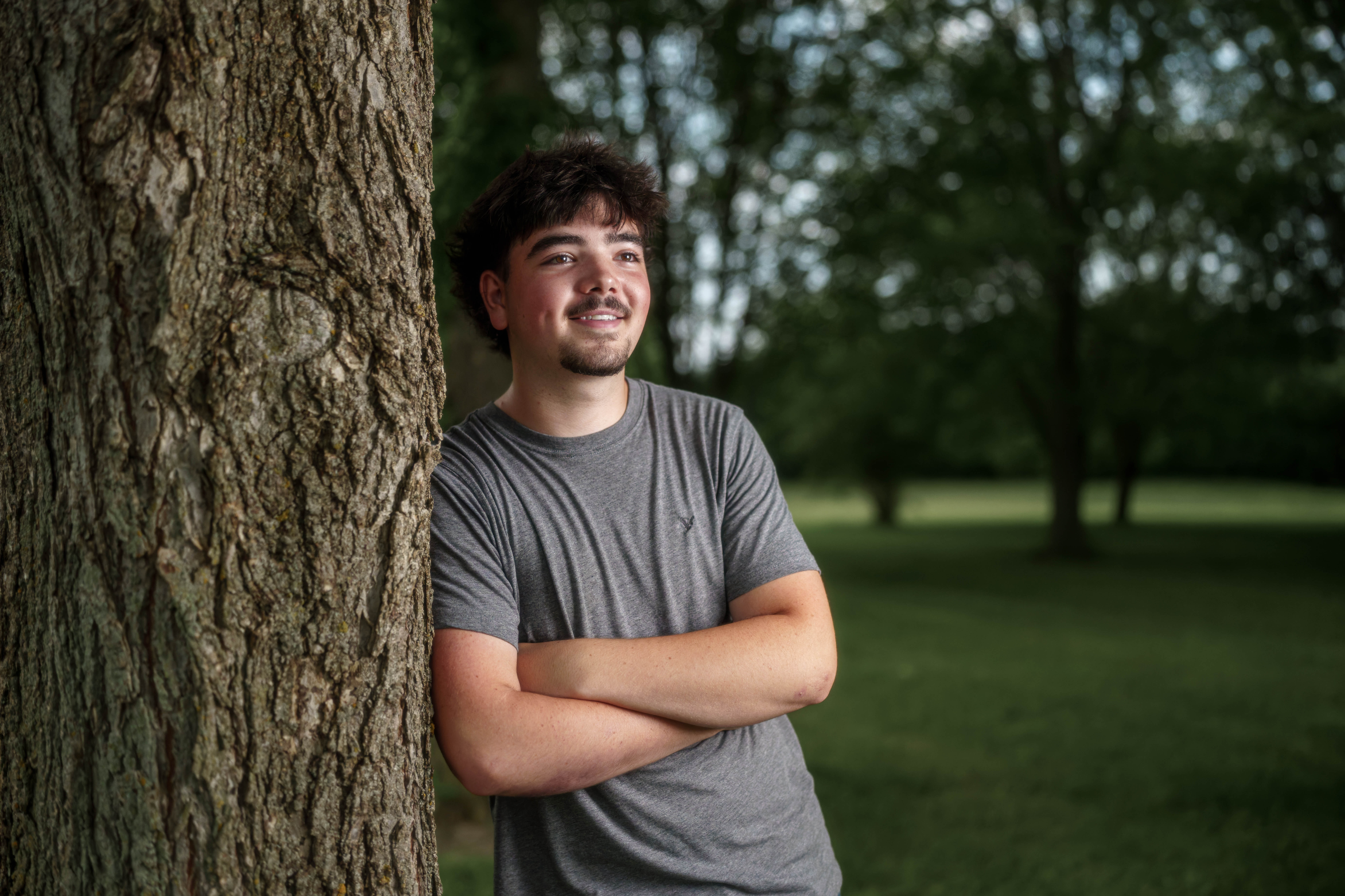 Click to View Larger Brady Stuart poses for senior photos outside Monroe Wisconsin on August 4th, 2025. Stuart will graduate in 2026. Photography by Ross Harried for Second Crop Creative.