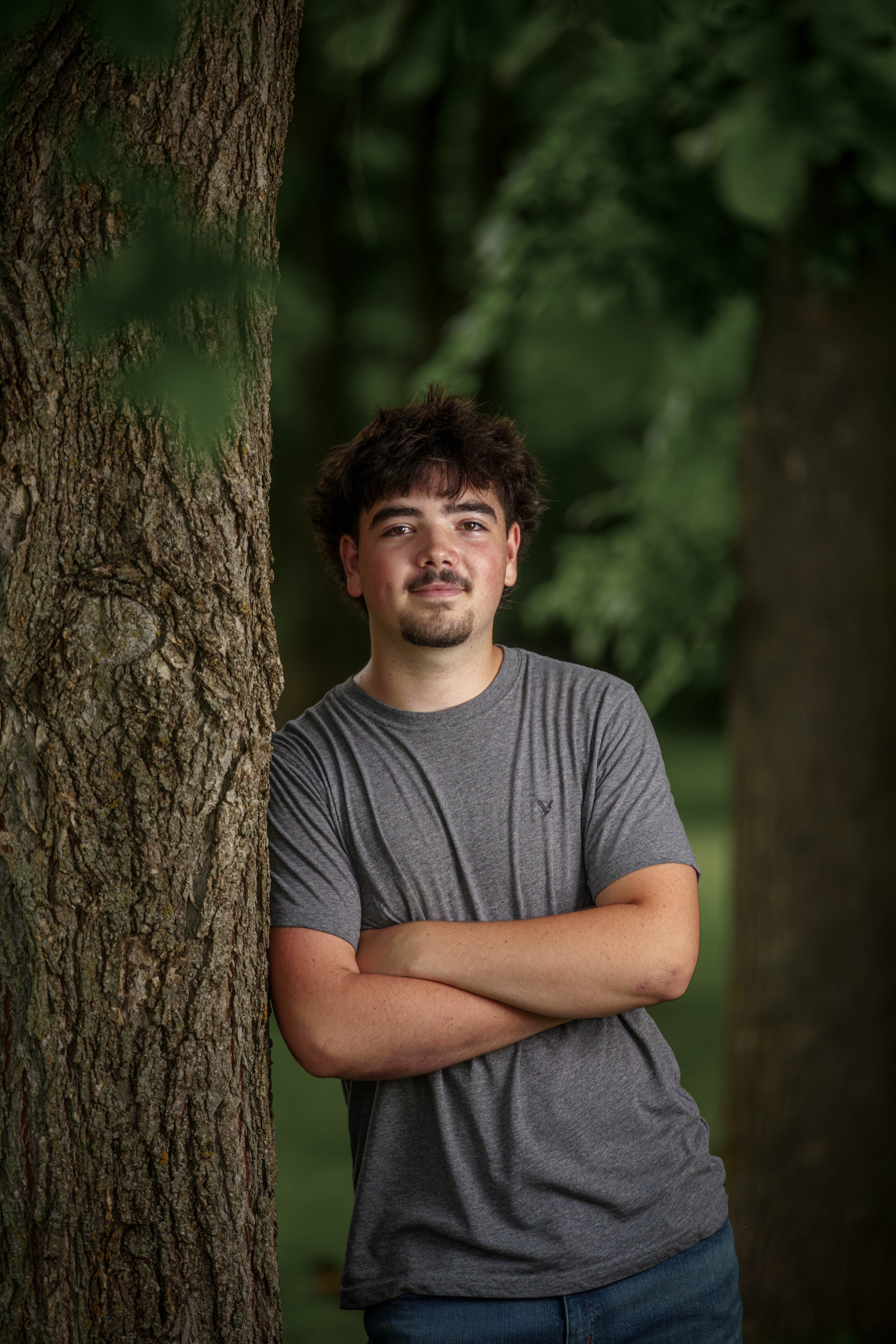 Click to View Larger Brady Stuart poses for senior photos outside Monroe Wisconsin on August 4th, 2025. Stuart will graduate in 2026. Photography by Ross Harried for Second Crop Creative.
