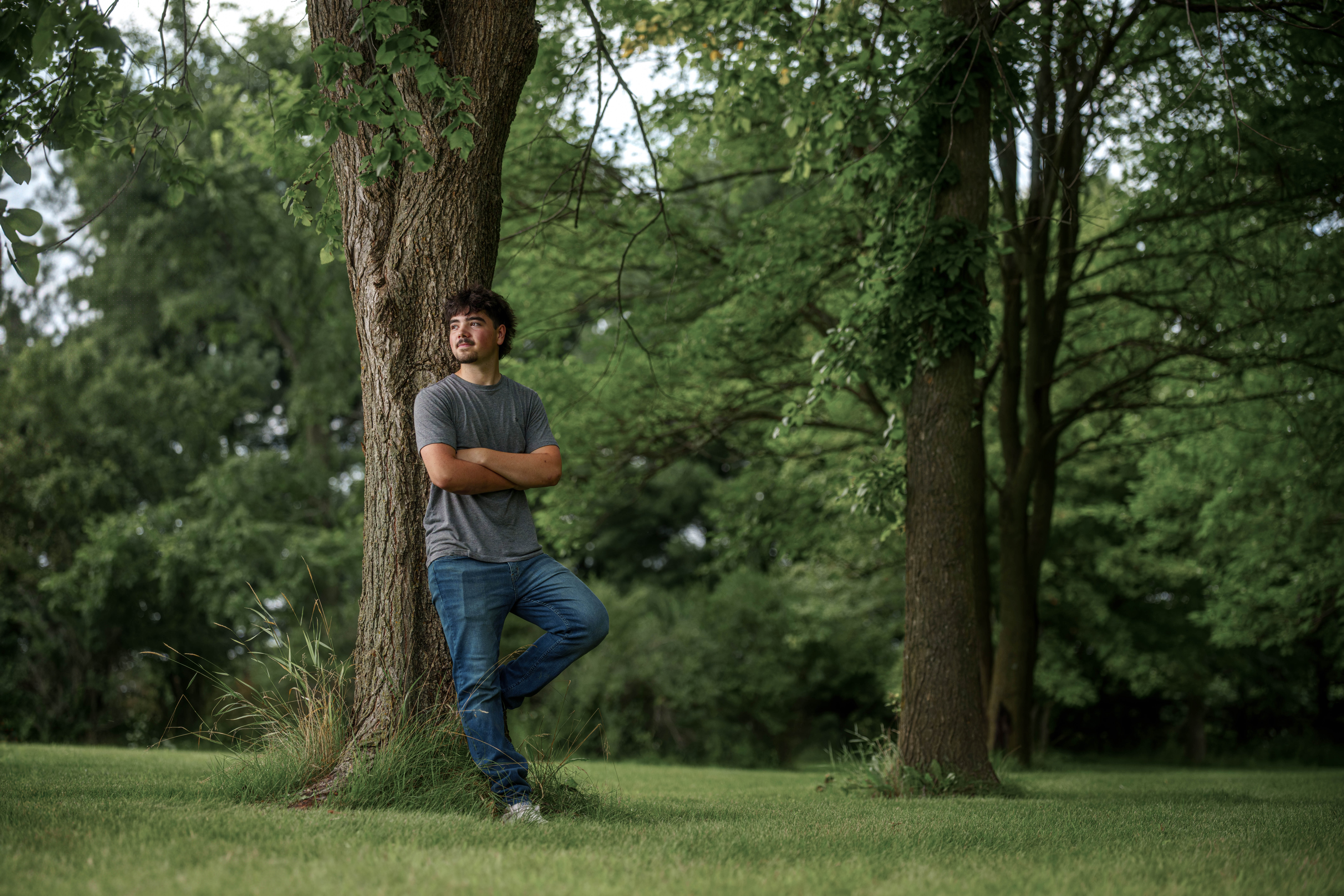 Click to View Larger Brady Stuart poses for senior photos outside Monroe Wisconsin on August 4th, 2025. Stuart will graduate in 2026. Photography by Ross Harried for Second Crop Creative.