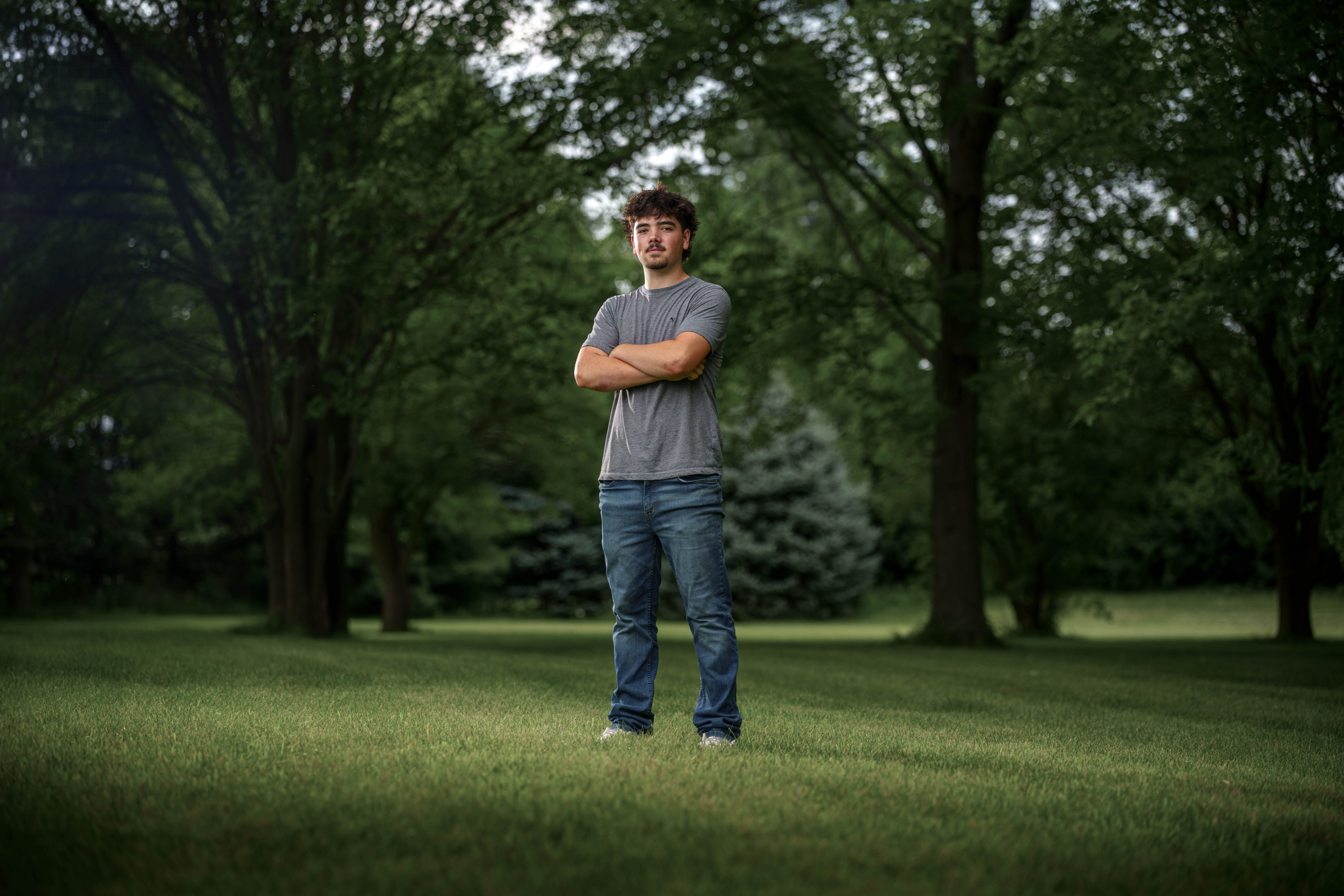 Click to View Larger Brady Stuart poses for senior photos outside Monroe Wisconsin on August 4th, 2025. Stuart will graduate in 2026. Photography by Ross Harried for Second Crop Creative.