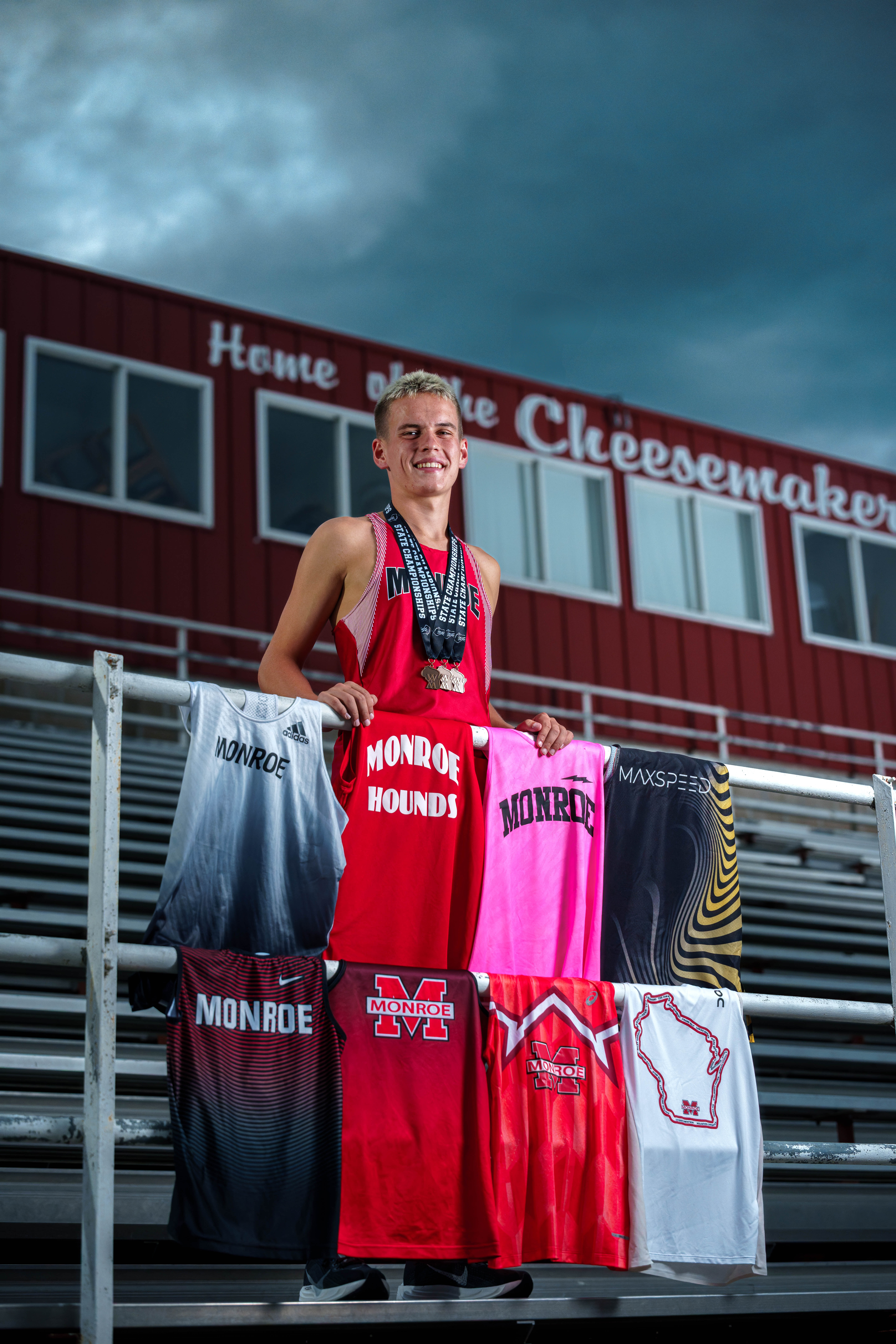 Click to View Larger Tre Dammen poses for senior photos in Monroe Wisconsin on August 11th, 2025. Dammen will graduate in 2026. Photography by Ross Harried for Second Crop Creative.