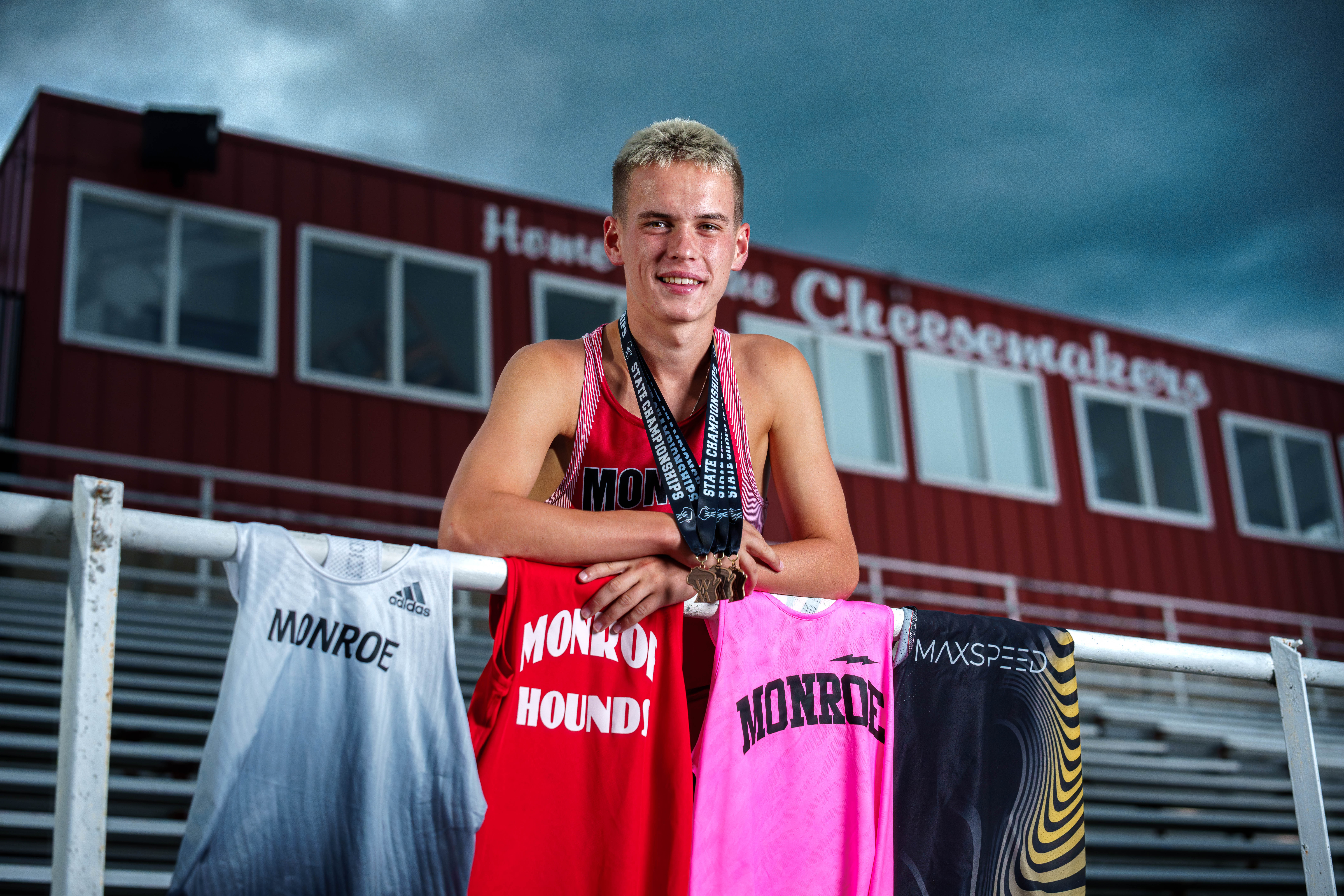 Click to View Larger Tre Dammen poses for senior photos in Monroe Wisconsin on August 11th, 2025. Dammen will graduate in 2026. Photography by Ross Harried for Second Crop Creative.