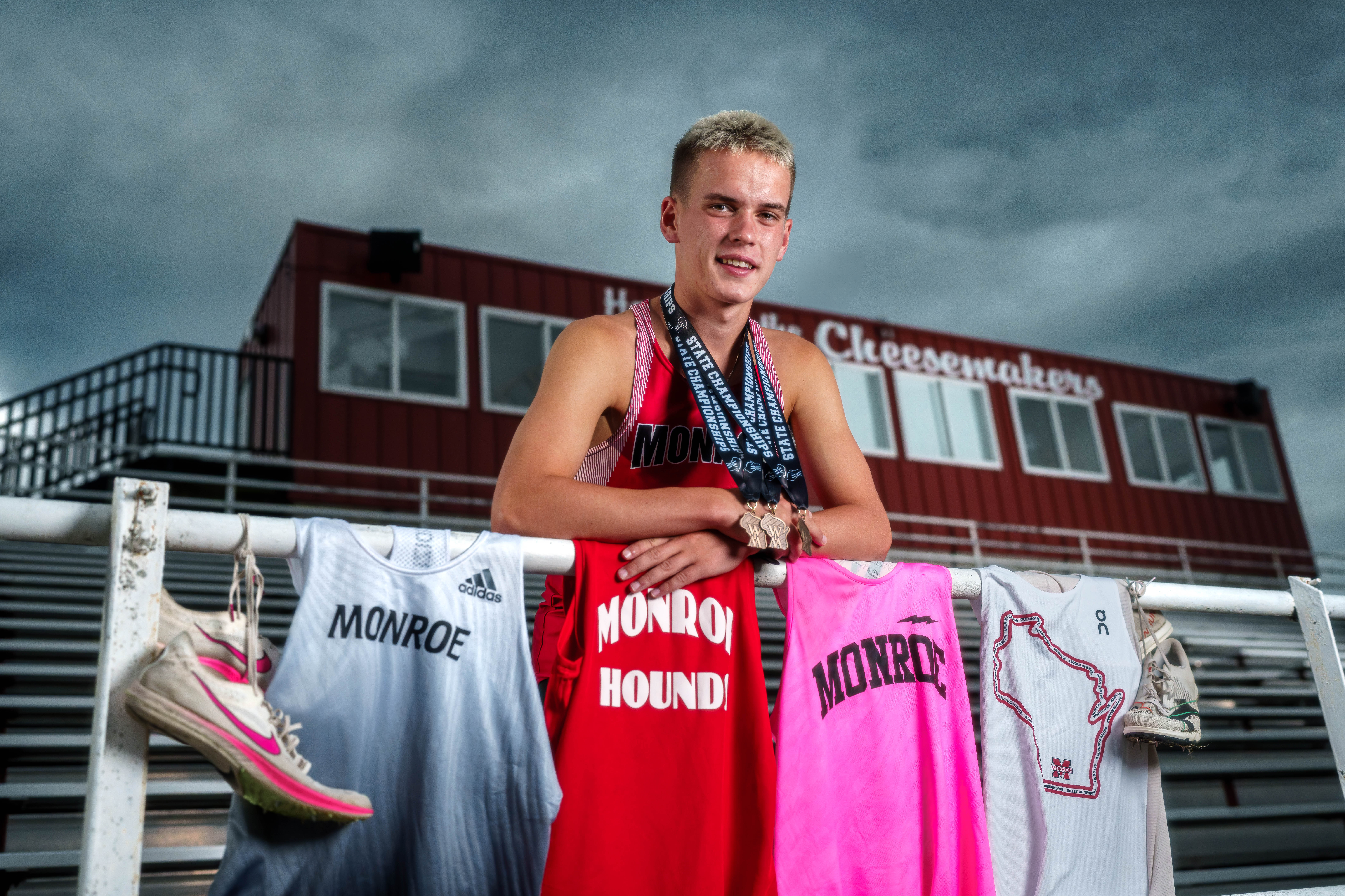 Click to View Larger Tre Dammen poses for senior photos in Monroe Wisconsin on August 11th, 2025. Dammen will graduate in 2026. Photography by Ross Harried for Second Crop Creative.