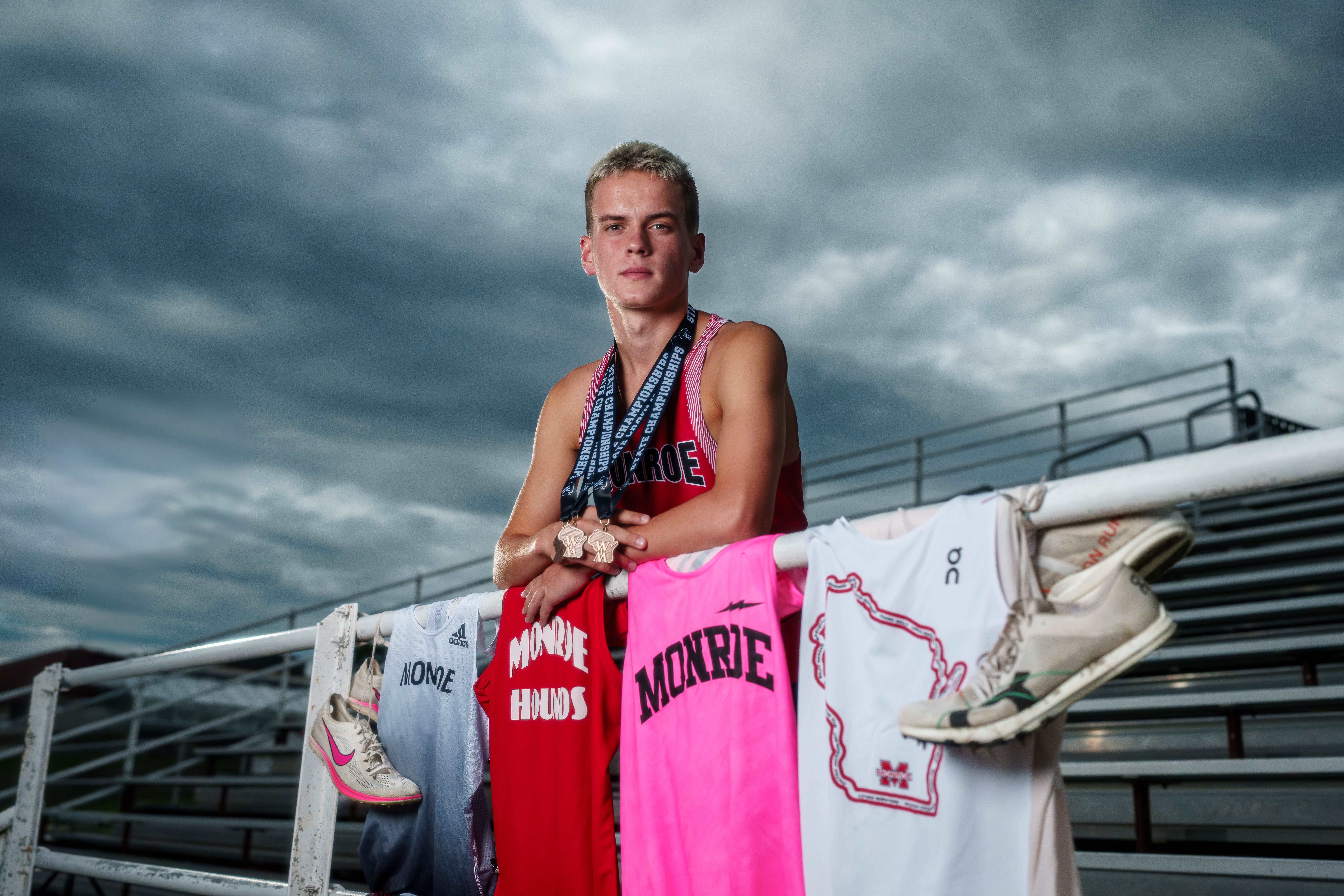 Click to View Larger Tre Dammen poses for senior photos in Monroe Wisconsin on August 11th, 2025. Dammen will graduate in 2026. Photography by Ross Harried for Second Crop Creative.