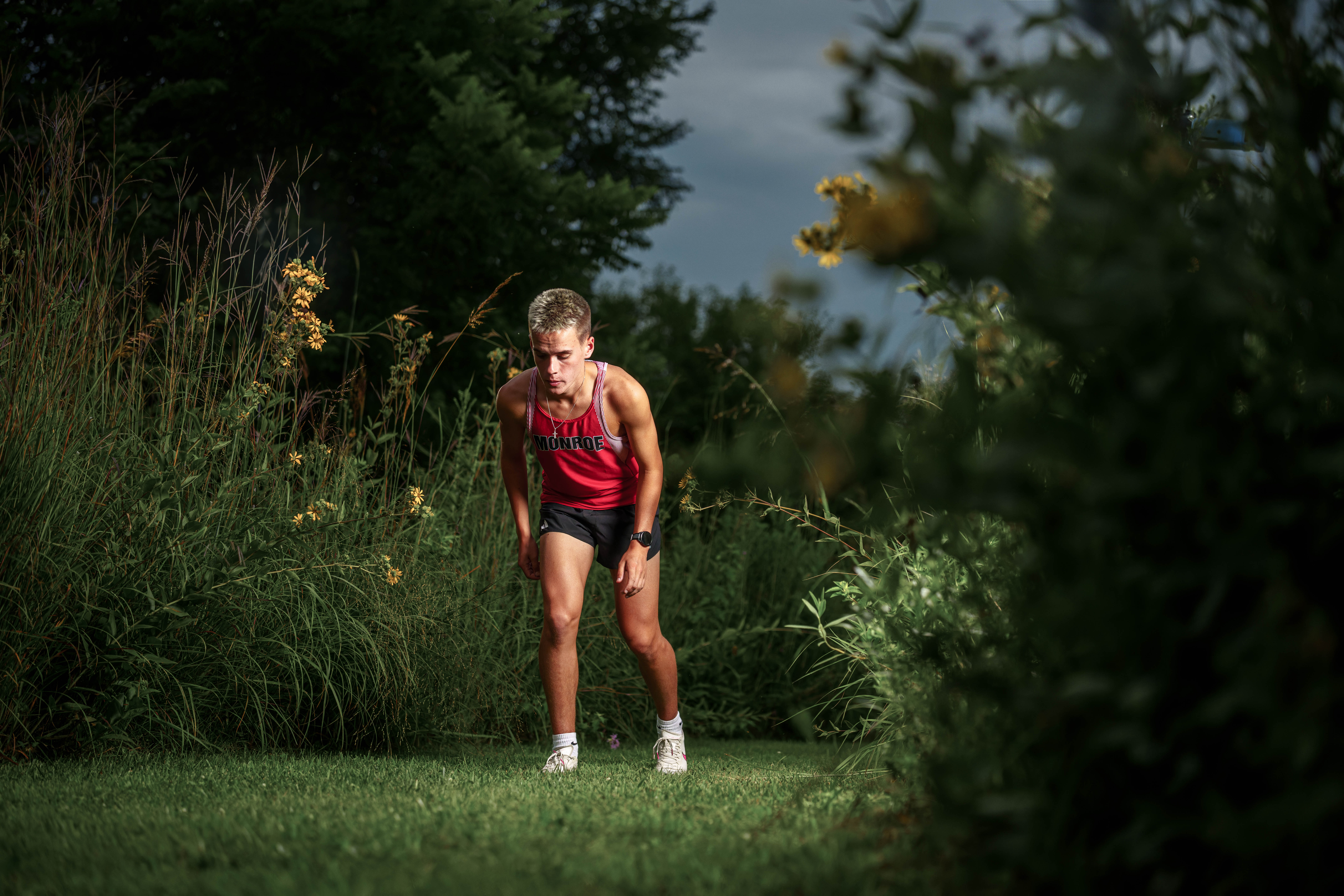 Click to View Larger Tre Dammen poses for senior photos in Monroe Wisconsin on August 11th, 2025. Dammen will graduate in 2026. Photography by Ross Harried for Second Crop Creative.