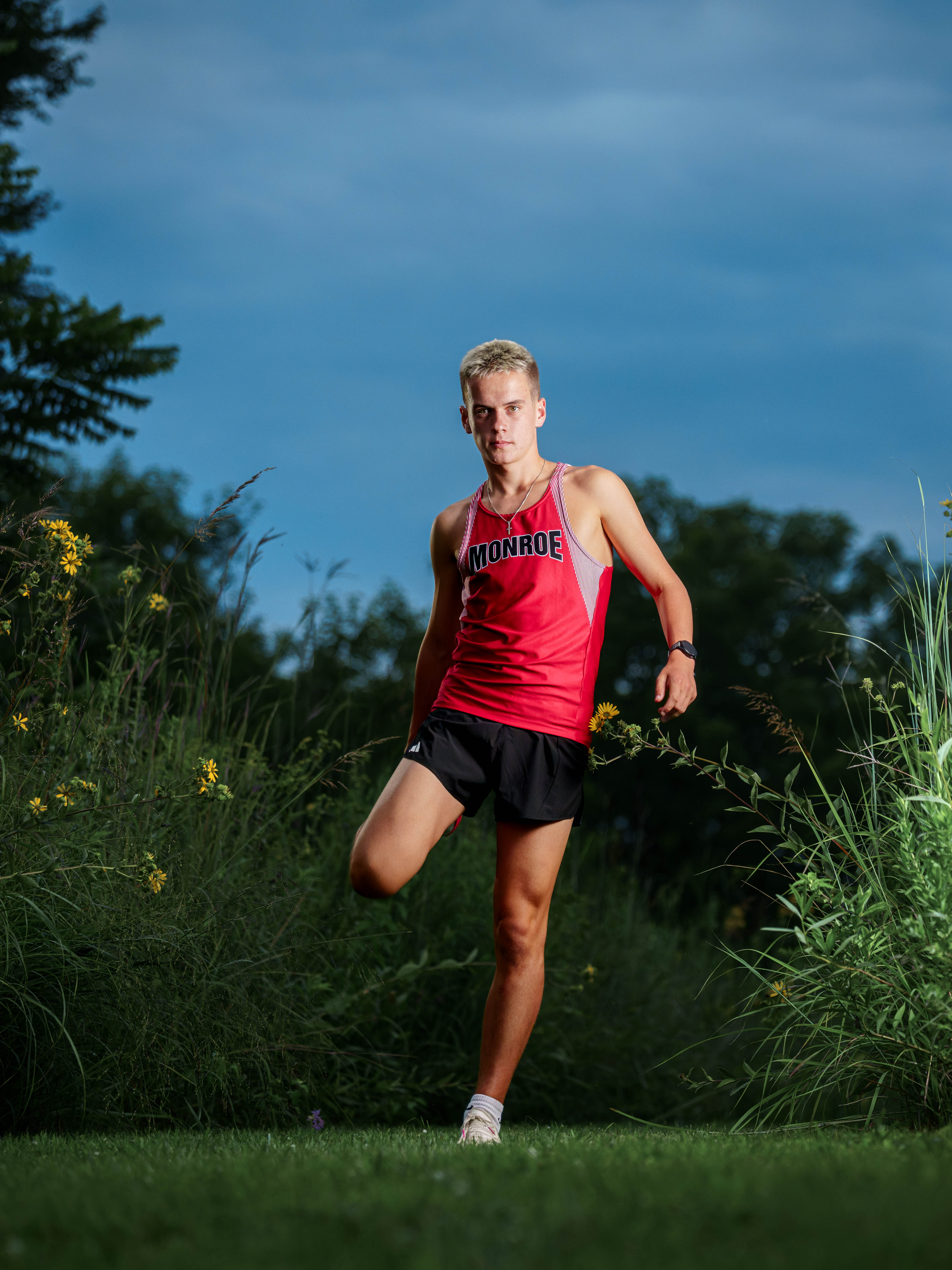 Click to View Larger Tre Dammen poses for senior photos in Monroe Wisconsin on August 11th, 2025. Dammen will graduate in 2026. Photography by Ross Harried for Second Crop Creative.