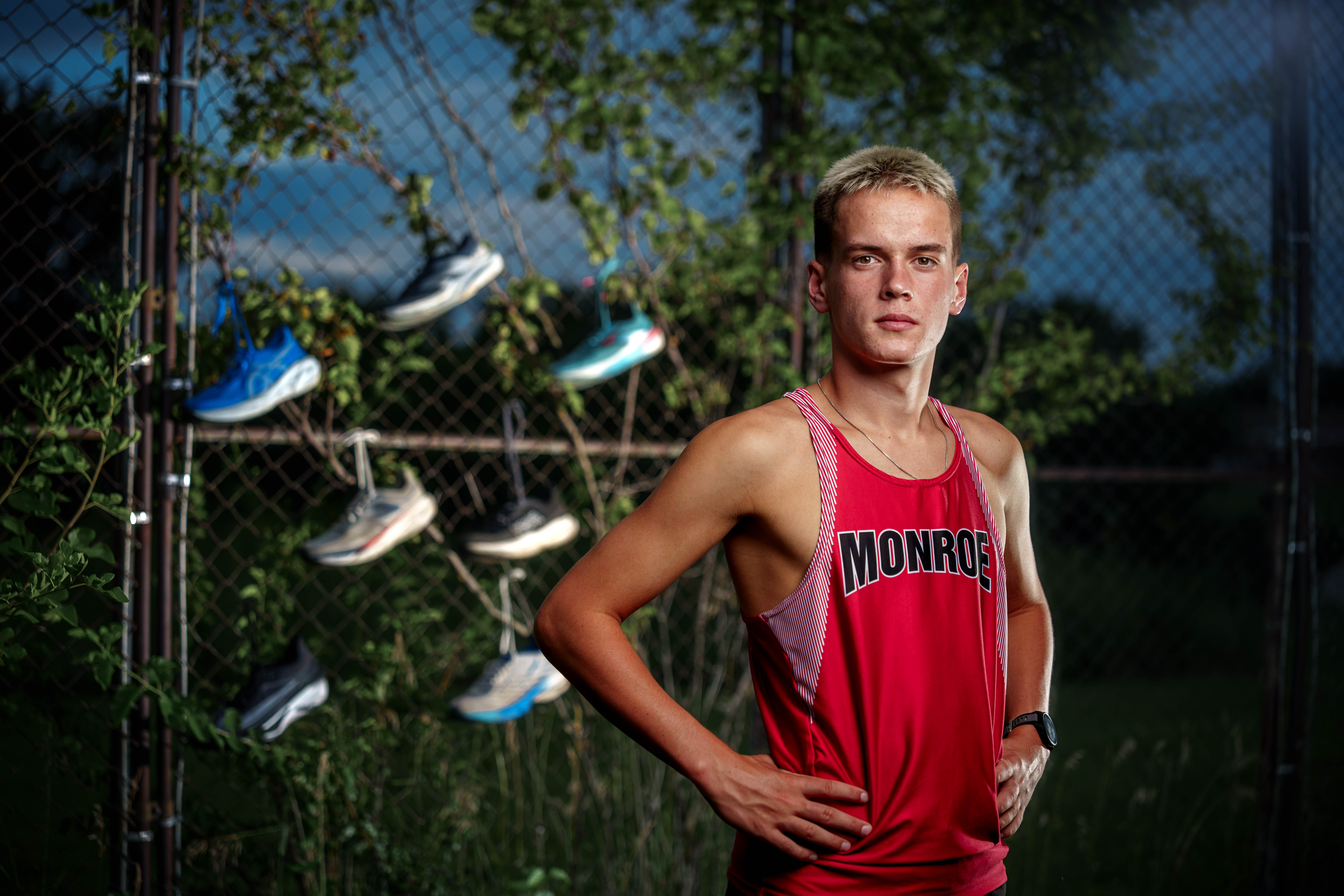 Click to View Larger Tre Dammen poses for senior photos in Monroe Wisconsin on August 11th, 2025. Dammen will graduate in 2026. Photography by Ross Harried for Second Crop Creative.
