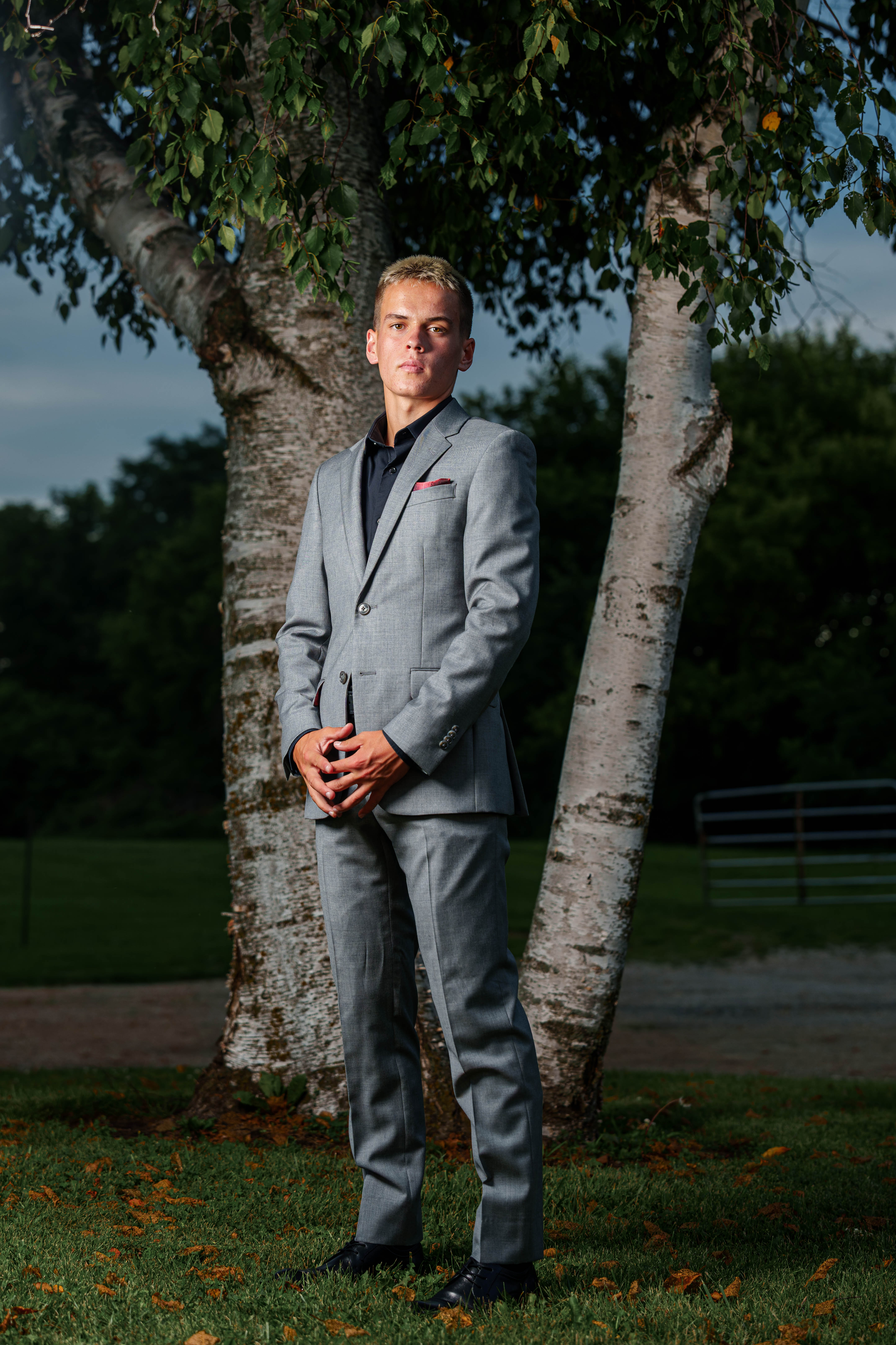 Click to View Larger Tre Dammen poses for senior photos in Monroe Wisconsin on August 11th, 2025. Dammen will graduate in 2026. Photography by Ross Harried for Second Crop Creative.