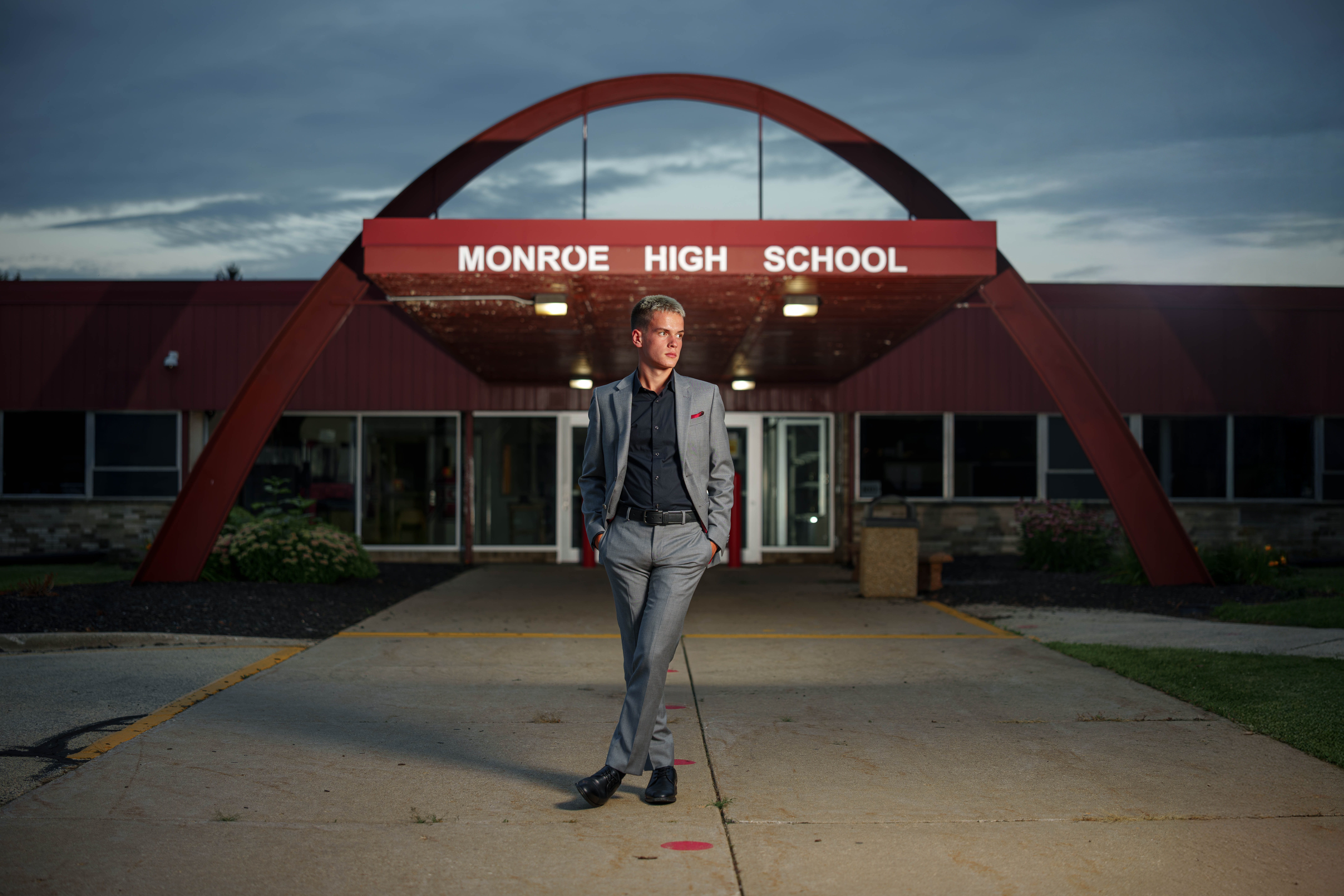 Click to View Larger Tre Dammen poses for senior photos in Monroe Wisconsin on August 11th, 2025. Dammen will graduate in 2026. Photography by Ross Harried for Second Crop Creative.