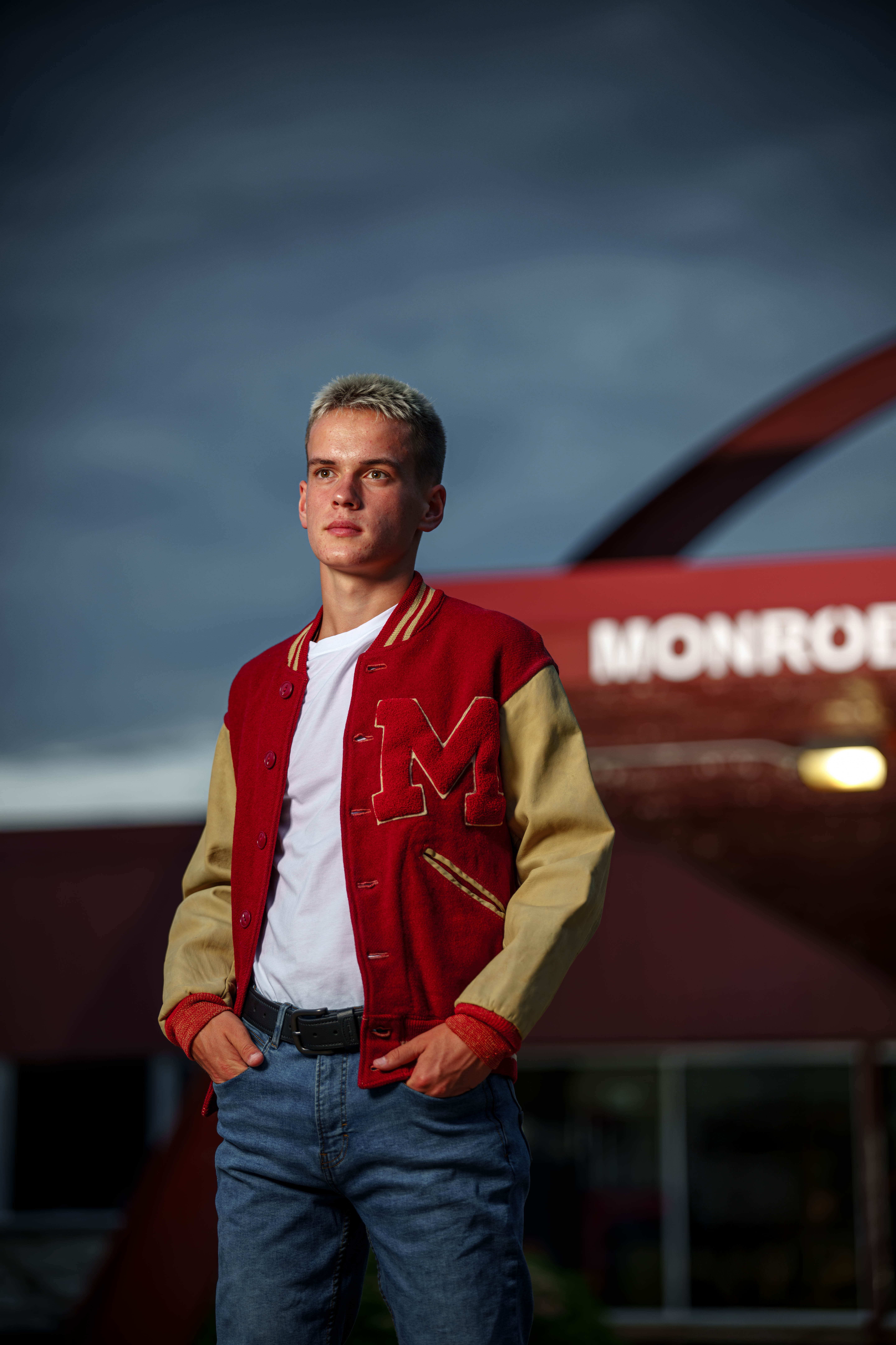 Click to View Larger Tre Dammen poses for senior photos in Monroe Wisconsin on August 11th, 2025. Dammen will graduate in 2026. Photography by Ross Harried for Second Crop Creative.