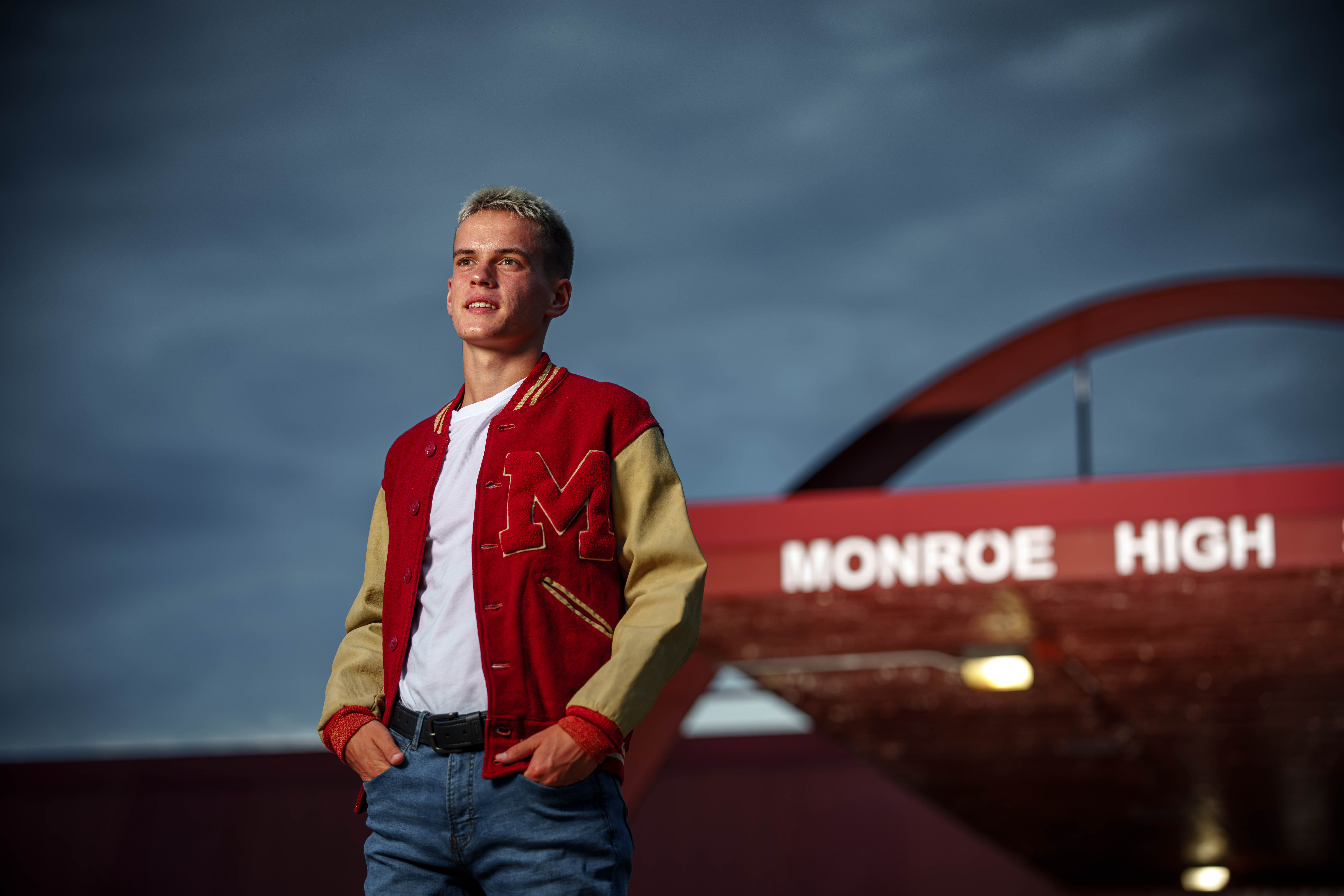 Click to View Larger Tre Dammen poses for senior photos in Monroe Wisconsin on August 11th, 2025. Dammen will graduate in 2026. Photography by Ross Harried for Second Crop Creative.