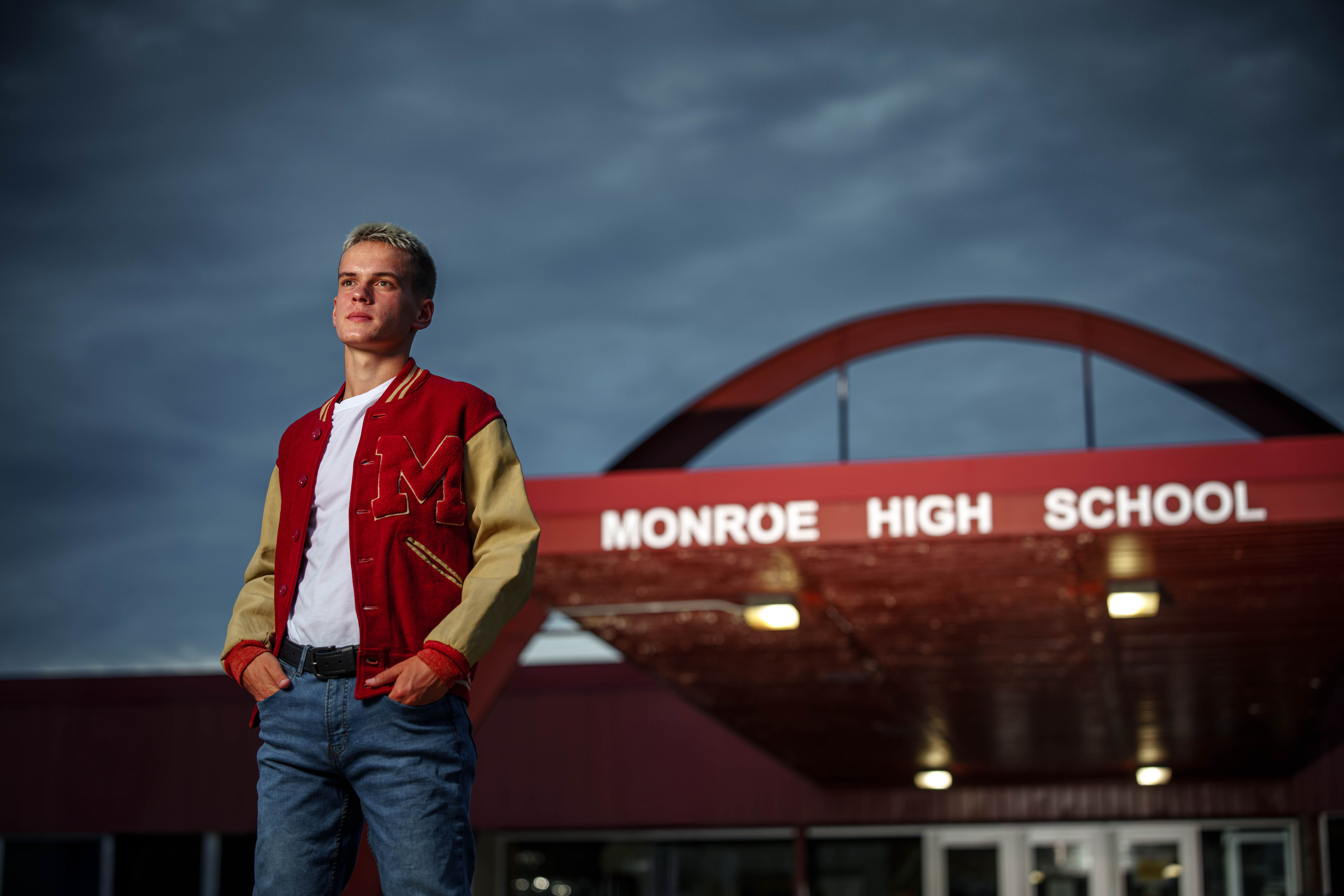 Click to View Larger Tre Dammen poses for senior photos in Monroe Wisconsin on August 11th, 2025. Dammen will graduate in 2026. Photography by Ross Harried for Second Crop Creative.