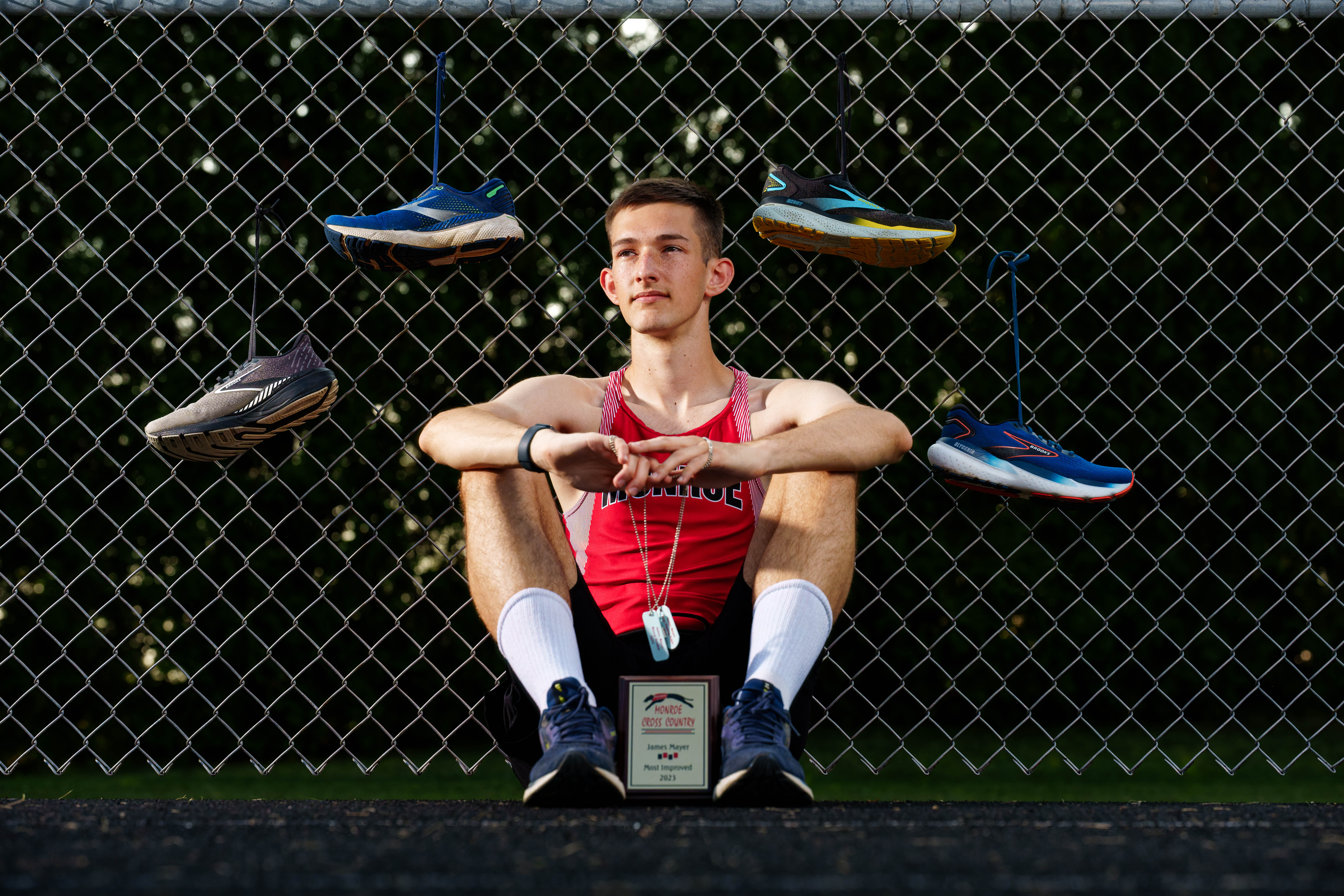 Click to View Larger James Mayer poses for senior photos in Monroe Wisconsin on August 12th, 2025. Mayer will graduate in 2026. Photography by Ross Harried for Second Crop Creative.