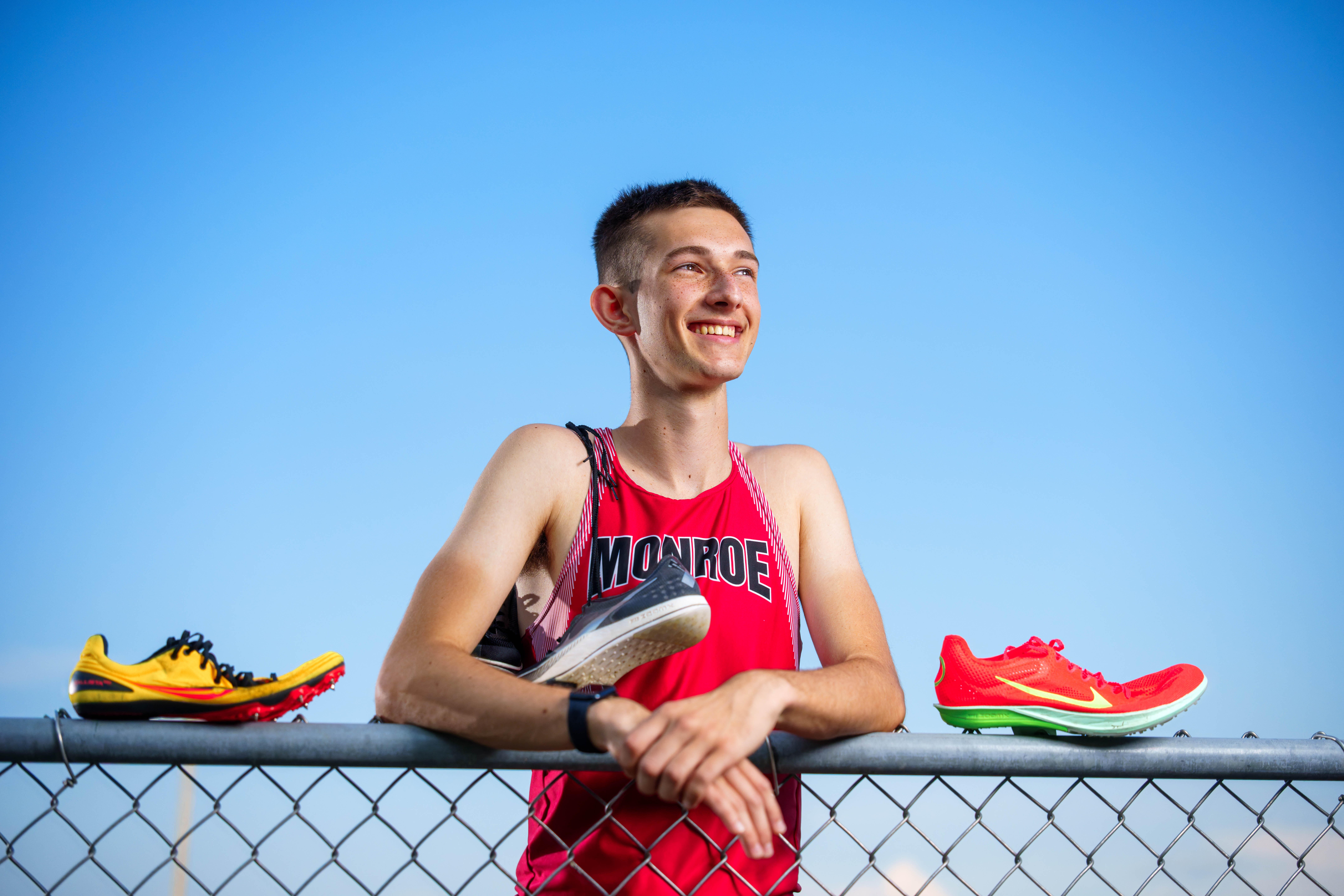 Click to View Larger James Mayer poses for senior photos in Monroe Wisconsin on August 12th, 2025. Mayer will graduate in 2026. Photography by Ross Harried for Second Crop Creative.