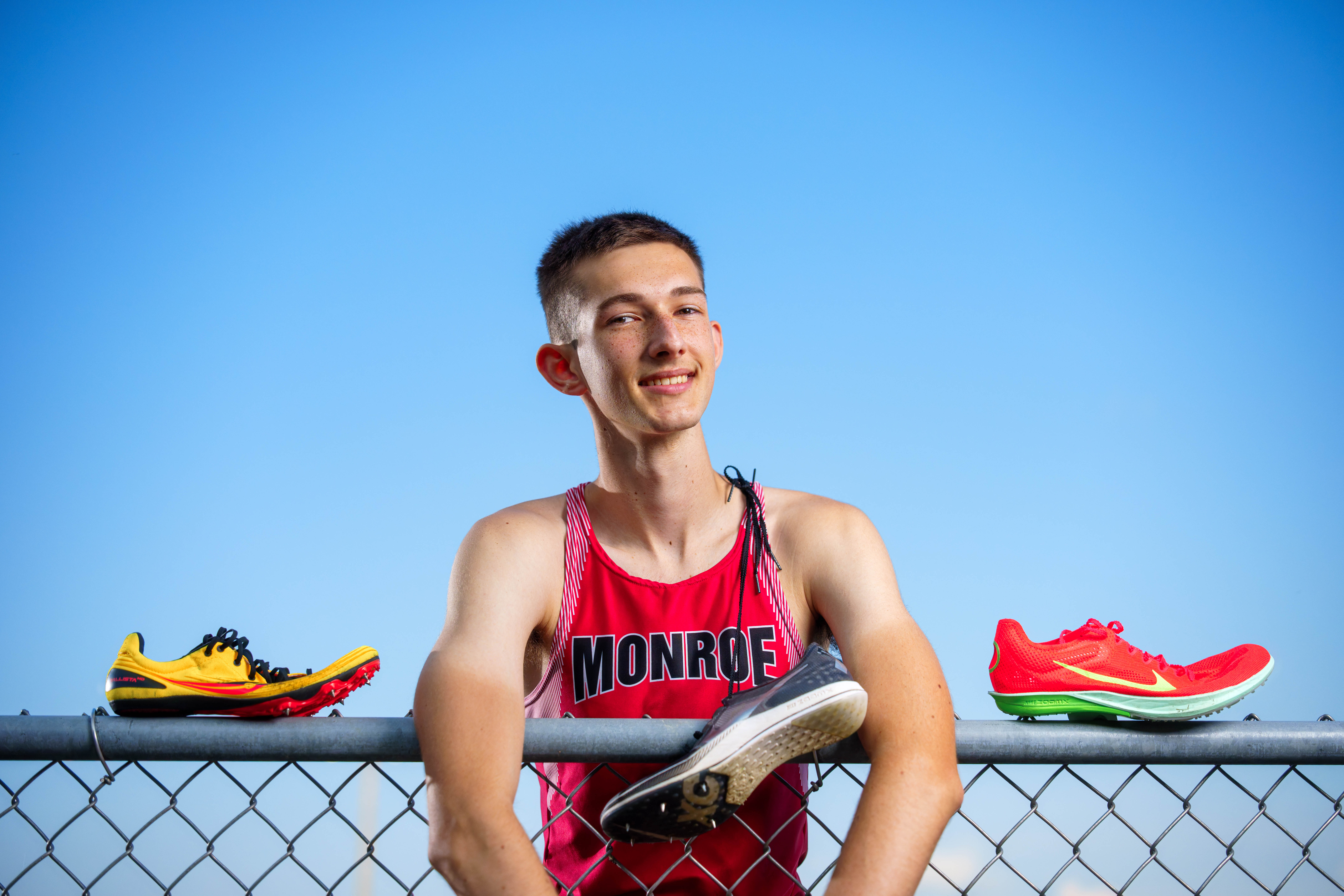 Click to View Larger James Mayer poses for senior photos in Monroe Wisconsin on August 12th, 2025. Mayer will graduate in 2026. Photography by Ross Harried for Second Crop Creative.