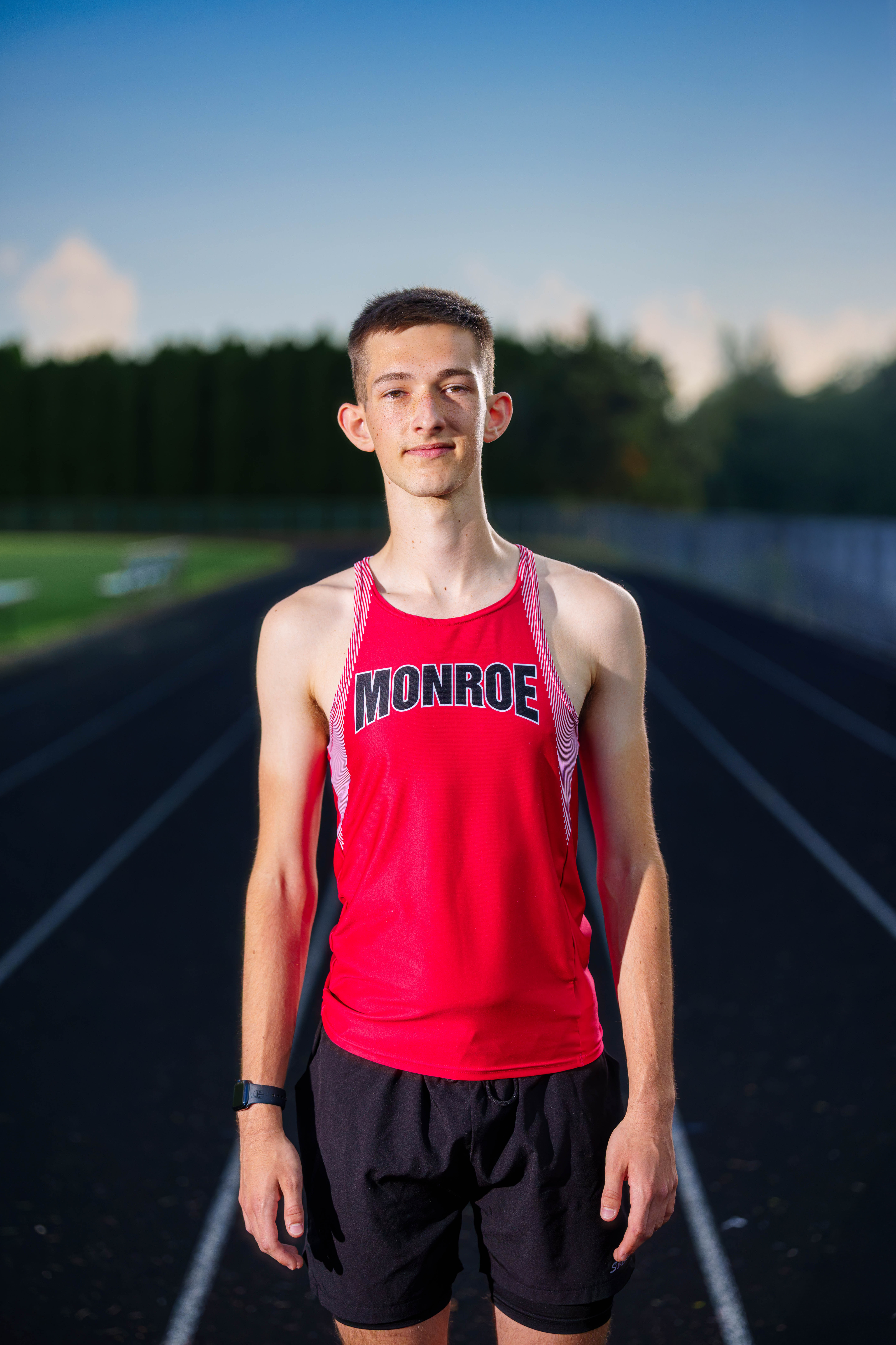 Click to View Larger James Mayer poses for senior photos in Monroe Wisconsin on August 12th, 2025. Mayer will graduate in 2026. Photography by Ross Harried for Second Crop Creative.
