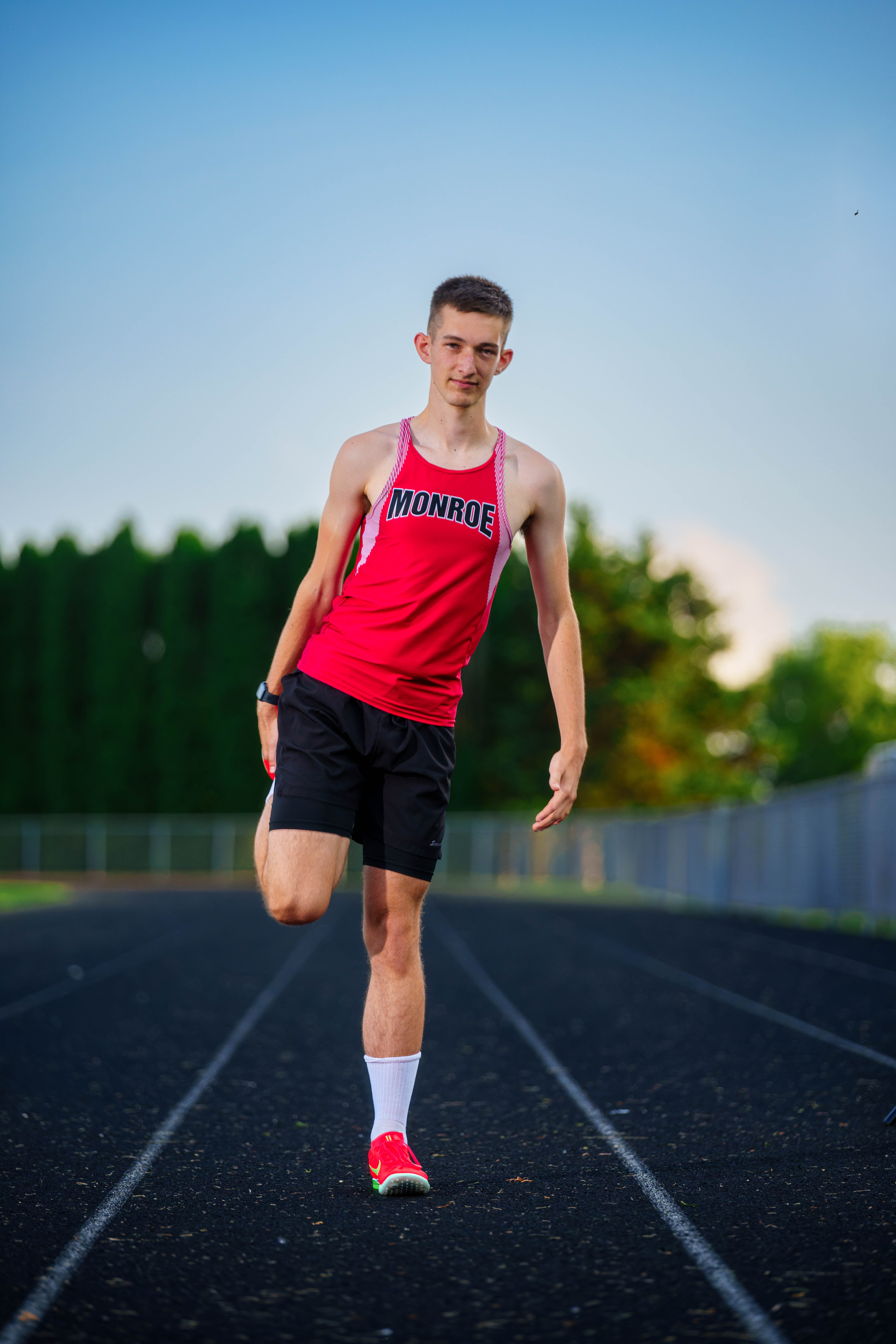 Click to View Larger James Mayer poses for senior photos in Monroe Wisconsin on August 12th, 2025. Mayer will graduate in 2026. Photography by Ross Harried for Second Crop Creative.
