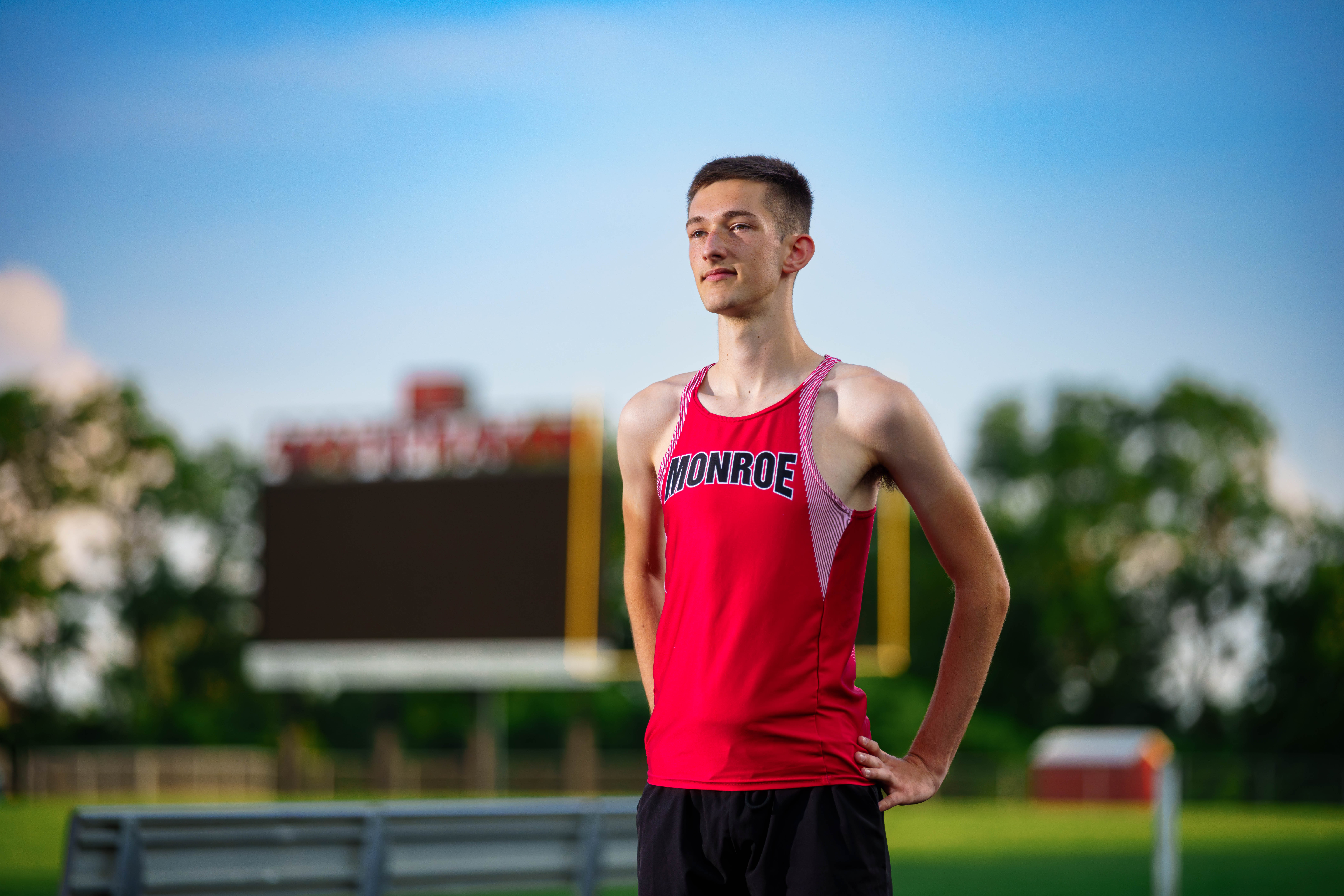Click to View Larger James Mayer poses for senior photos in Monroe Wisconsin on August 12th, 2025. Mayer will graduate in 2026. Photography by Ross Harried for Second Crop Creative.