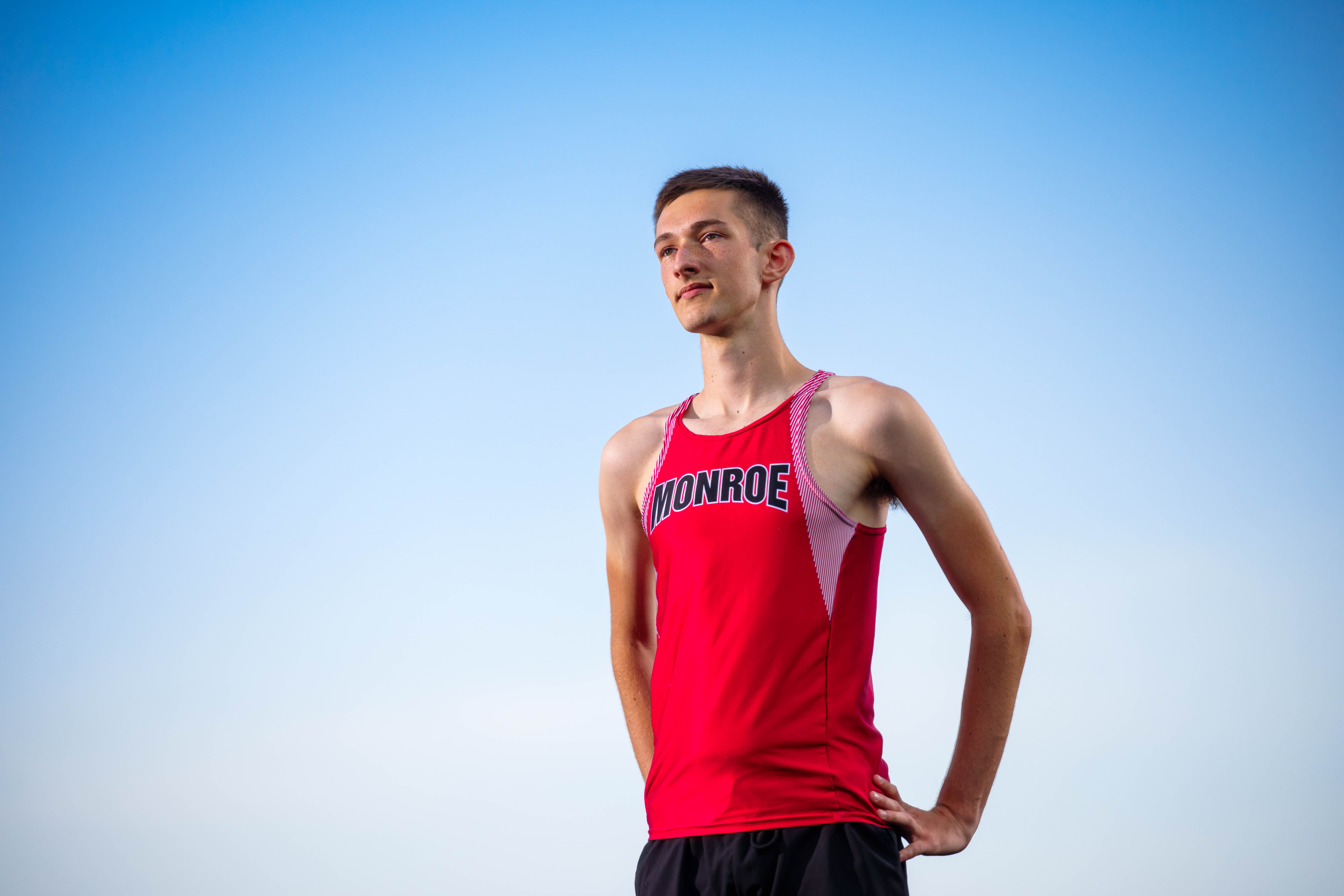 Click to View Larger James Mayer poses for senior photos in Monroe Wisconsin on August 12th, 2025. Mayer will graduate in 2026. Photography by Ross Harried for Second Crop Creative.
