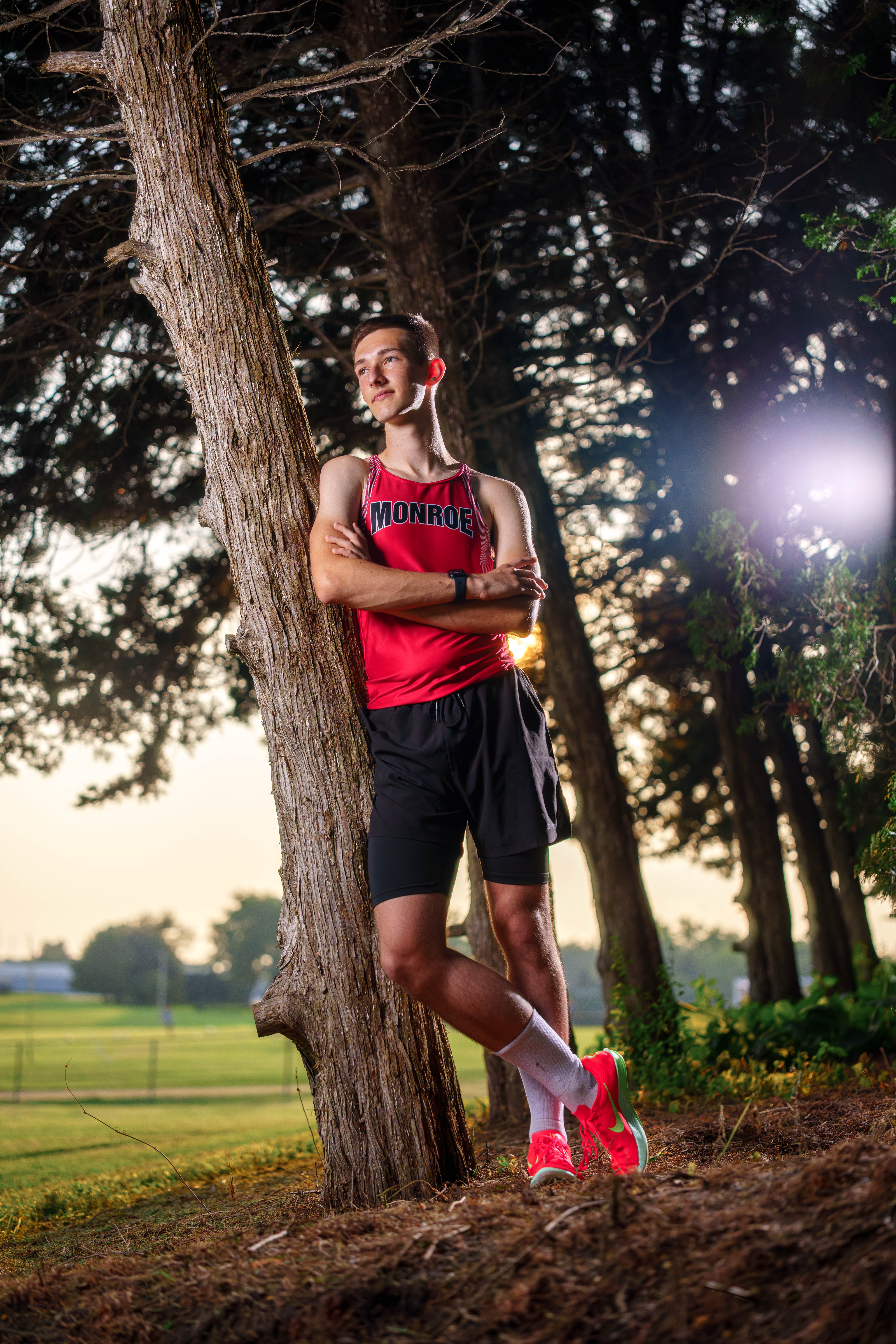 Click to View Larger James Mayer poses for senior photos in Monroe Wisconsin on August 12th, 2025. Mayer will graduate in 2026. Photography by Ross Harried for Second Crop Creative.