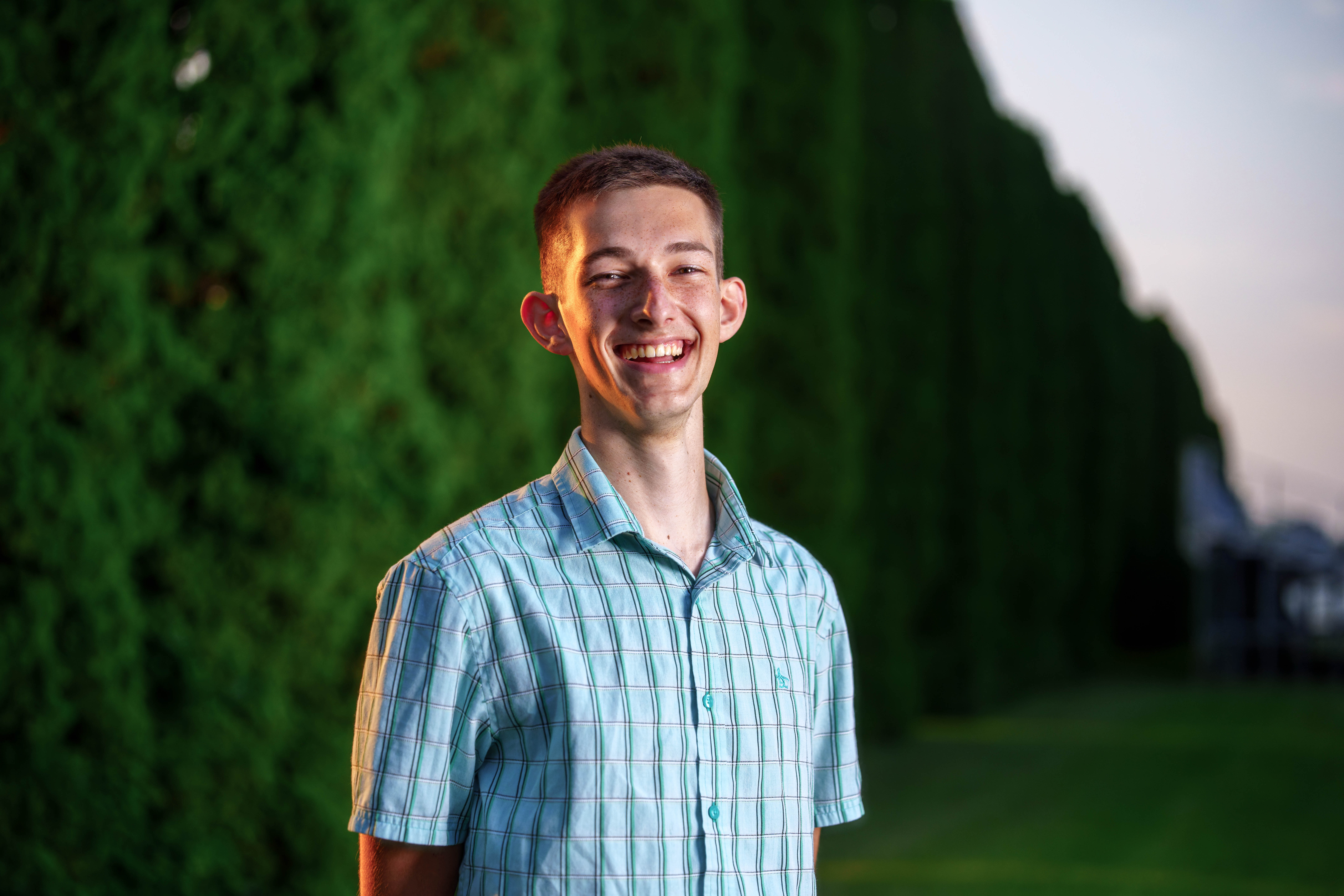 Click to View Larger James Mayer poses for senior photos in Monroe Wisconsin on August 12th, 2025. Mayer will graduate in 2026. Photography by Ross Harried for Second Crop Creative.