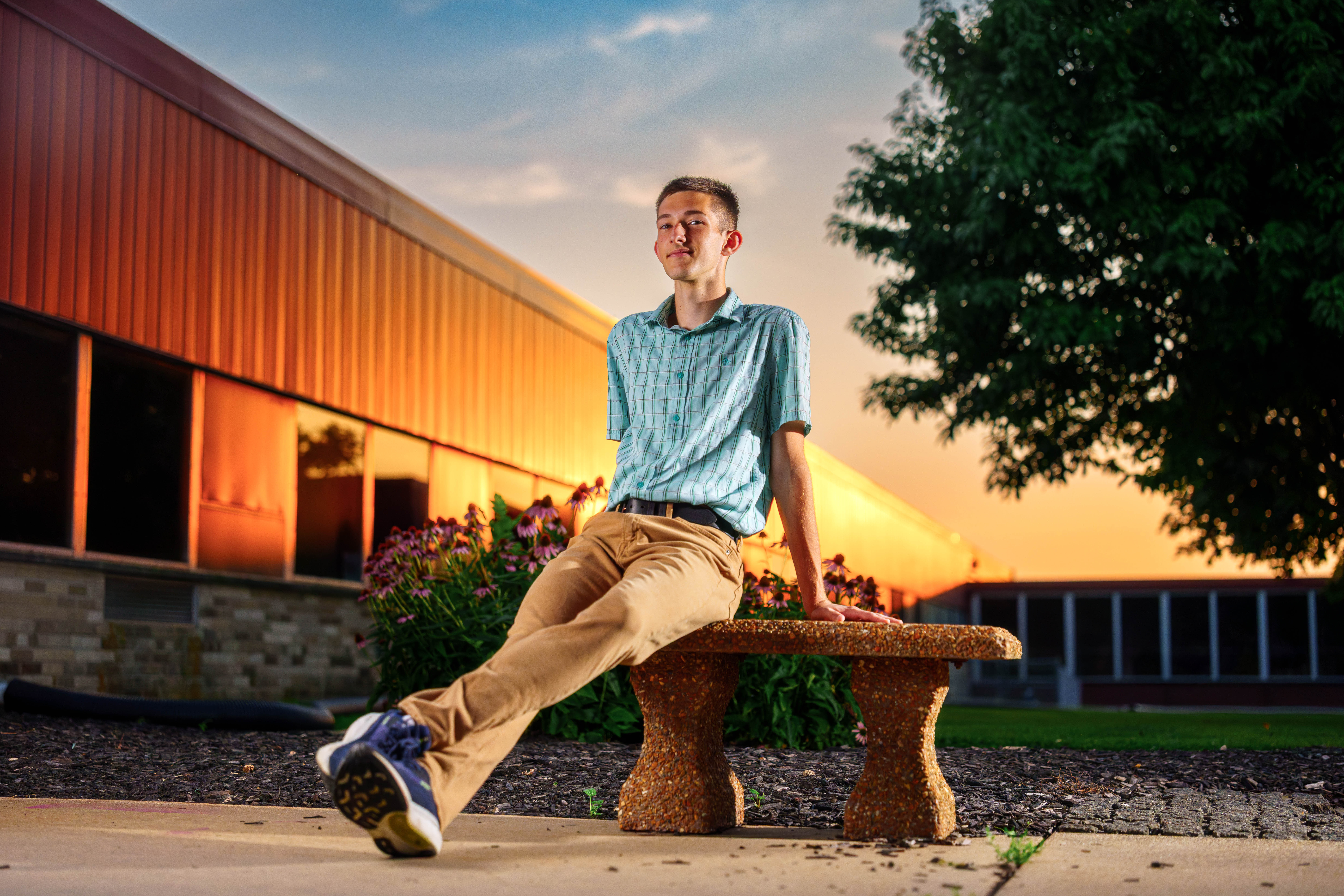 Click to View Larger James Mayer poses for senior photos in Monroe Wisconsin on August 12th, 2025. Mayer will graduate in 2026. Photography by Ross Harried for Second Crop Creative.