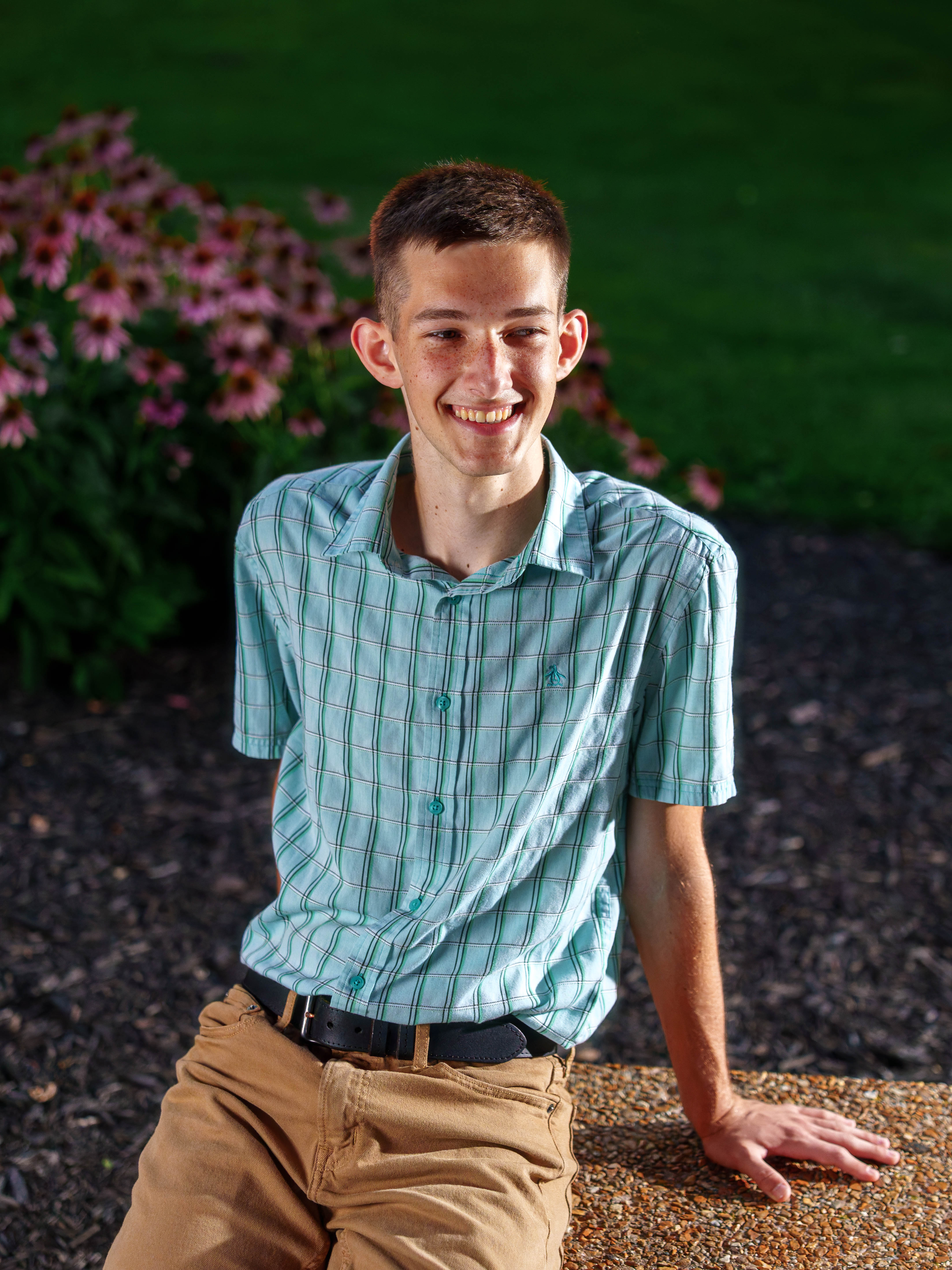 Click to View Larger James Mayer poses for senior photos in Monroe Wisconsin on August 12th, 2025. Mayer will graduate in 2026. Photography by Ross Harried for Second Crop Creative.