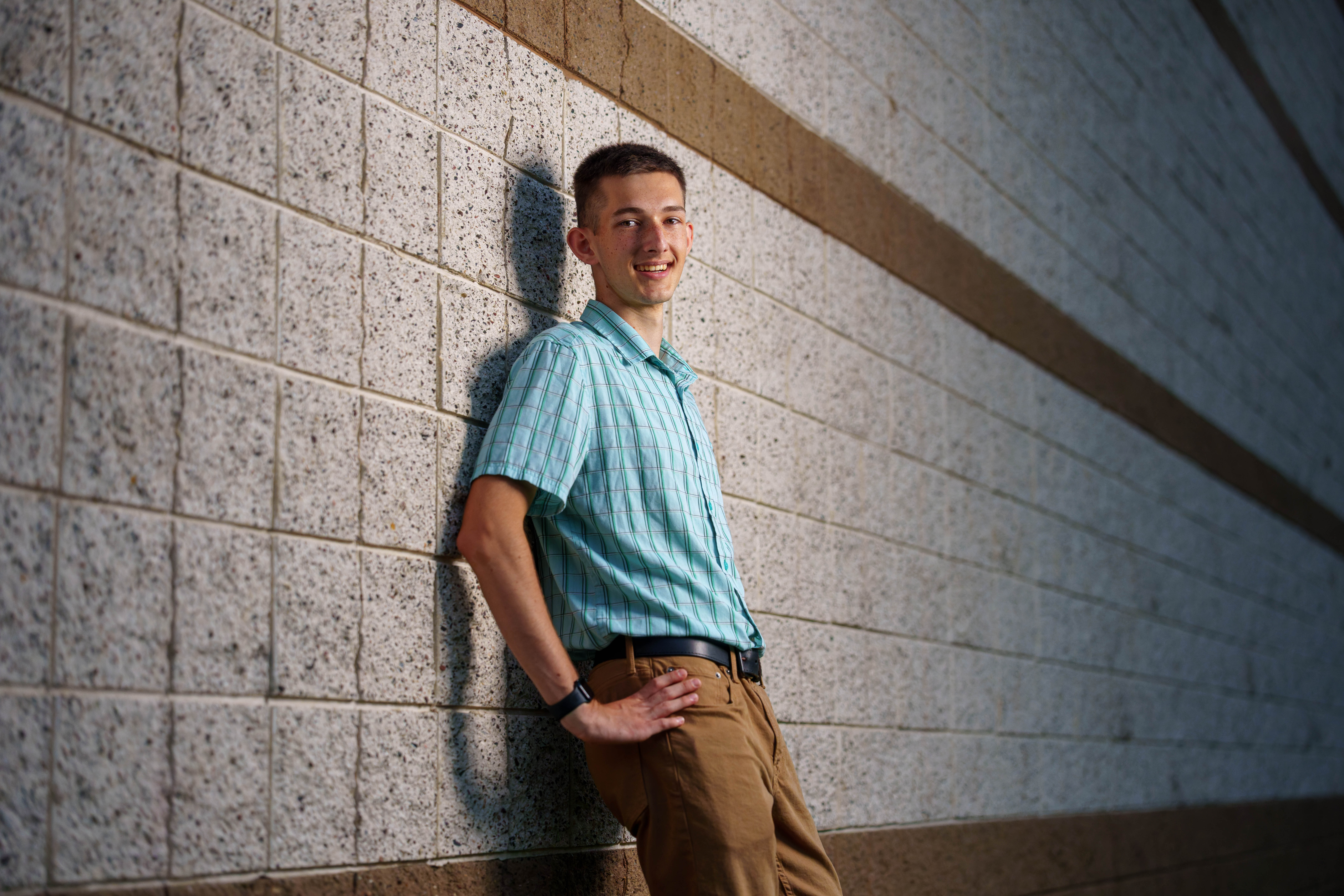 Click to View Larger James Mayer poses for senior photos in Monroe Wisconsin on August 12th, 2025. Mayer will graduate in 2026. Photography by Ross Harried for Second Crop Creative.