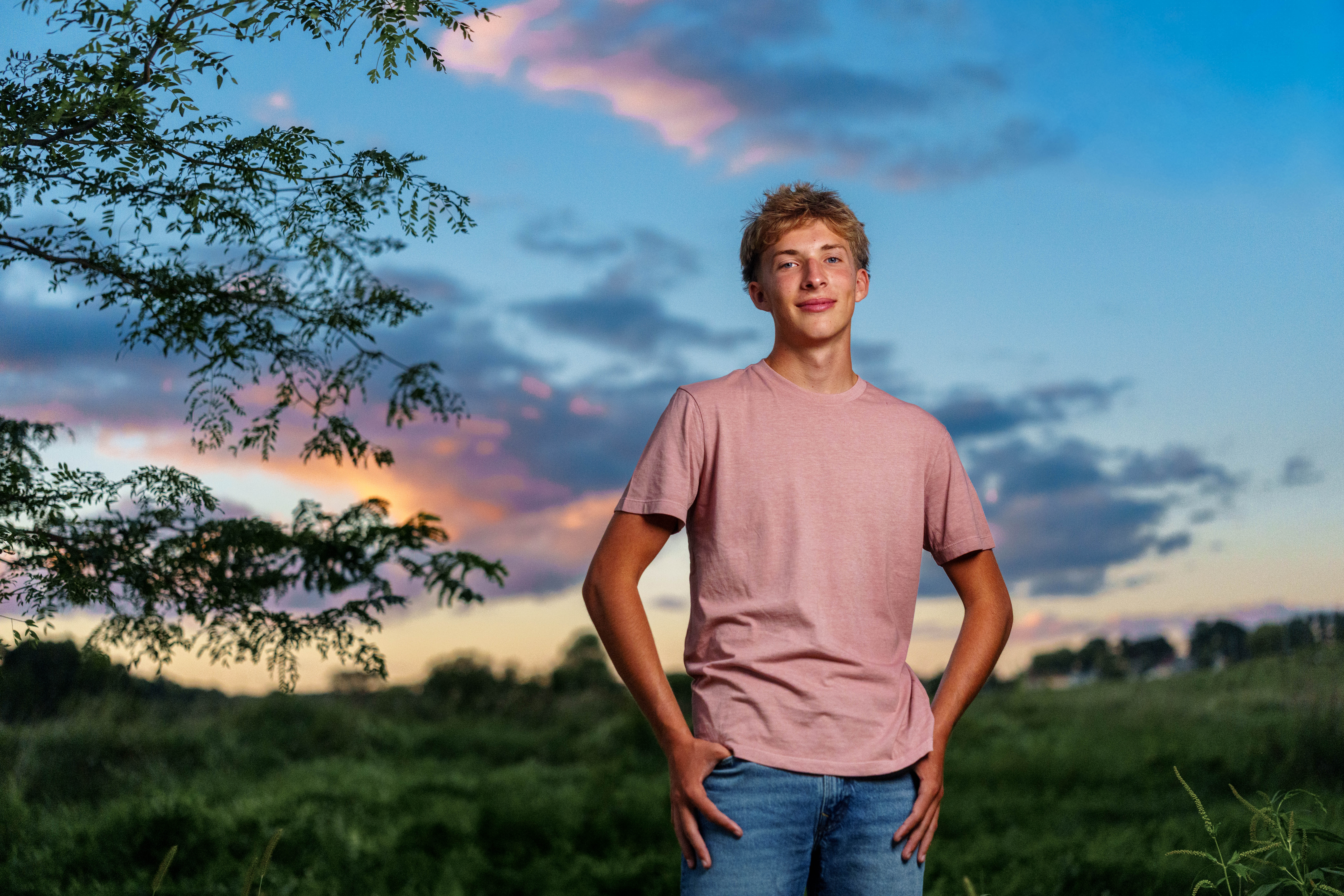 Click to View Larger Hans Brandt poses for senior photos in Monroe, Wisconsin on August 26th, 2025. Brandt will graduate in 2026. Photography by Ross Harried for Second Crop Creative.