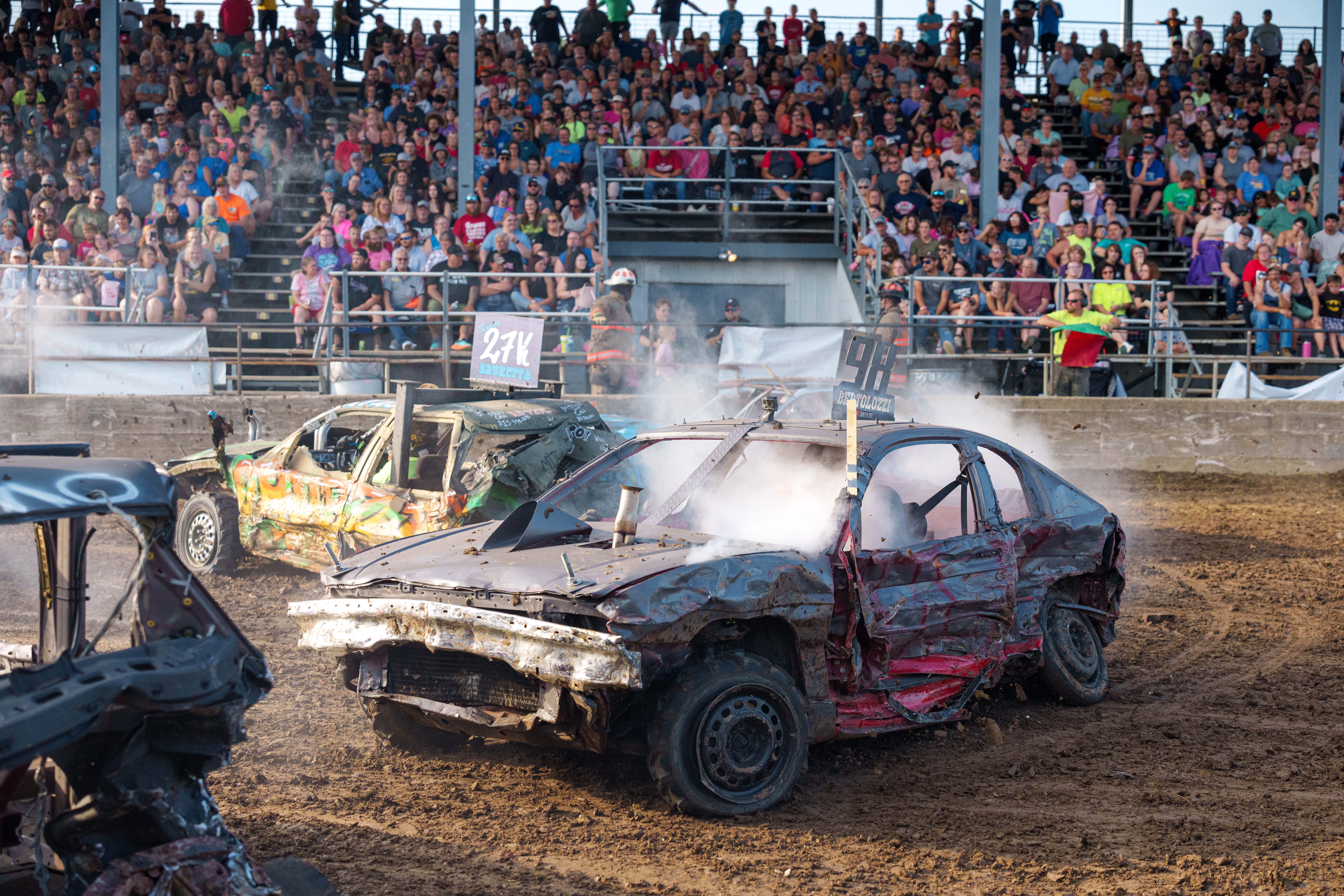 Demolition Derby at the Green County Fair in Monroe, Wisconsin on July 19th, 2025. Photography by Ross Harried for Second Crop Sports.