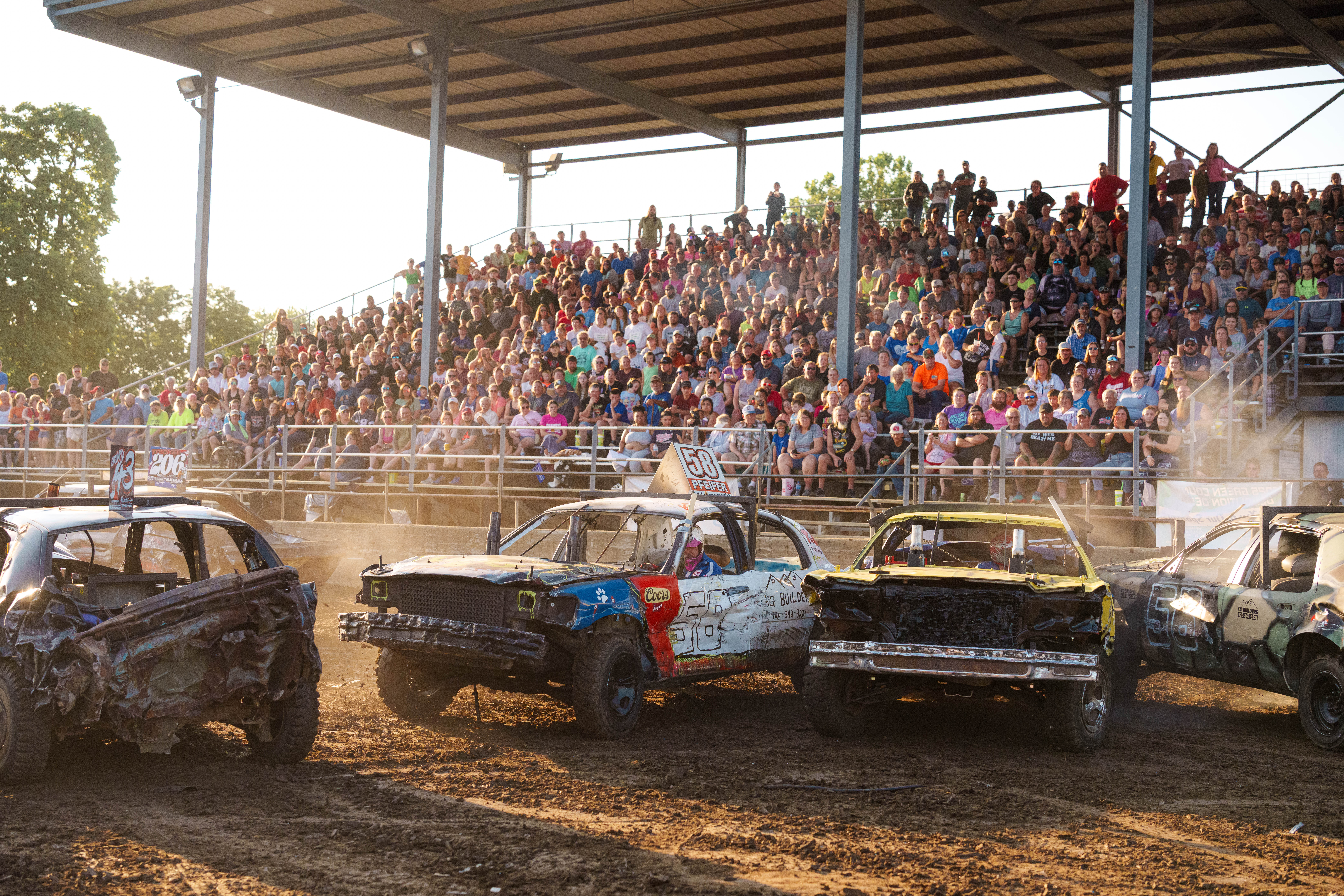 Demolition Derby at the Green County Fair in Monroe, Wisconsin on July 19th, 2025. Photography by Ross Harried for Second Crop Sports.