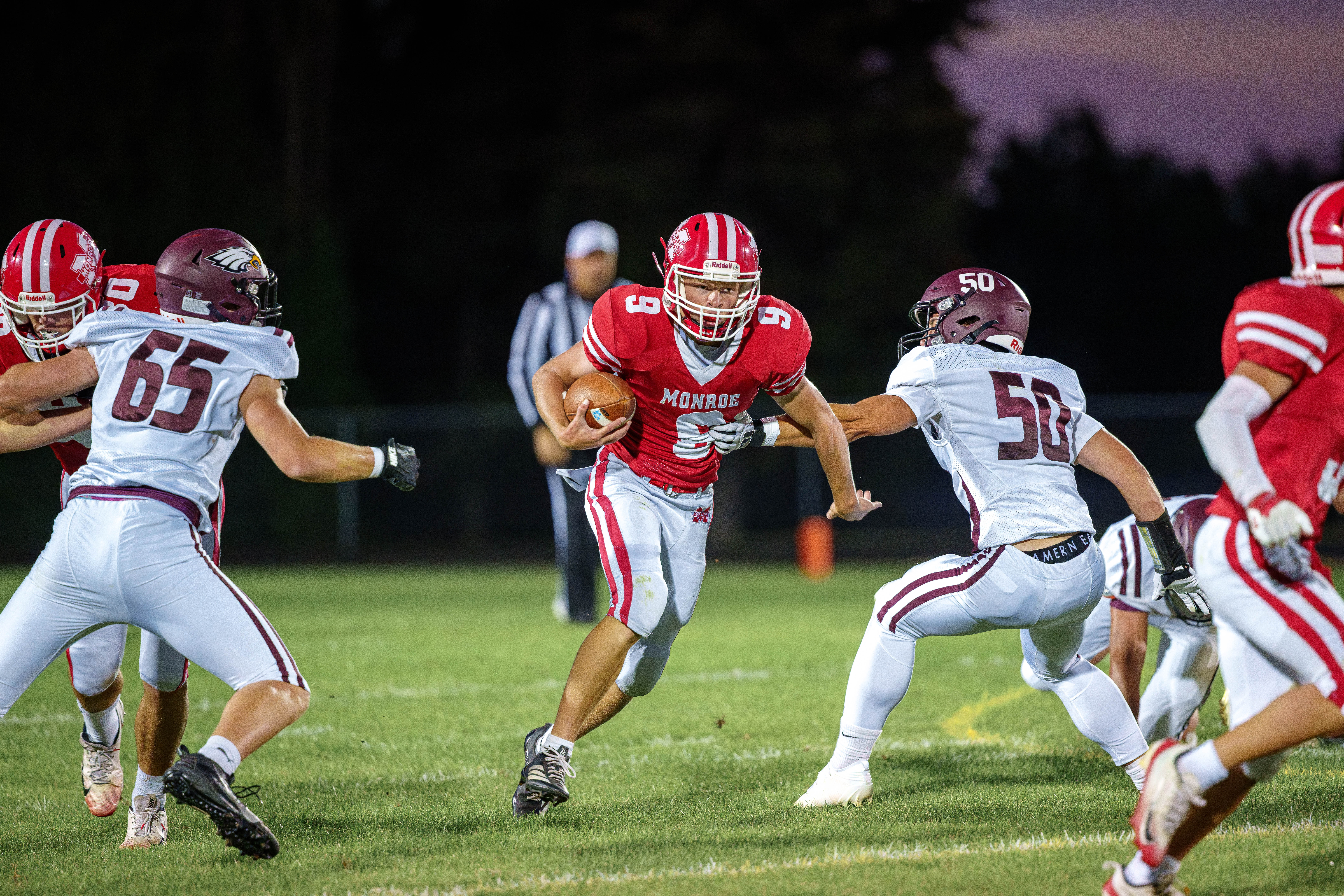 MONROE, WI – SEPTEMBER 5: A high school football game between the Monroe Cheesemakers and the Jefferson Eagles at the Monroe High School in Monroe, Wisconsin. Photography by Ross Harried for Second Crop Sports.