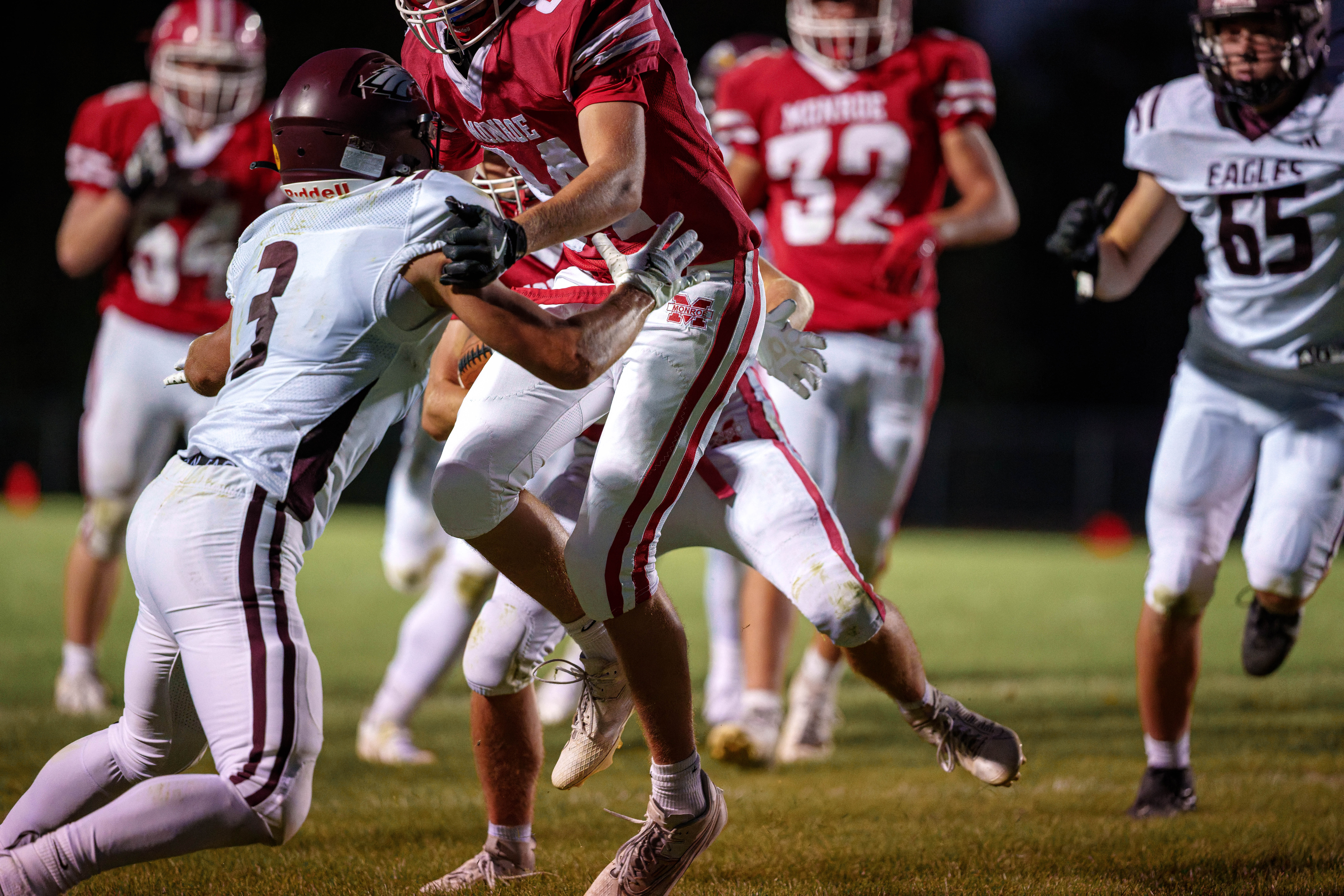 MONROE, WI – SEPTEMBER 5: A high school football game between the Monroe Cheesemakers and the Jefferson Eagles at the Monroe High School in Monroe, Wisconsin. Photography by Ross Harried for Second Crop Sports.