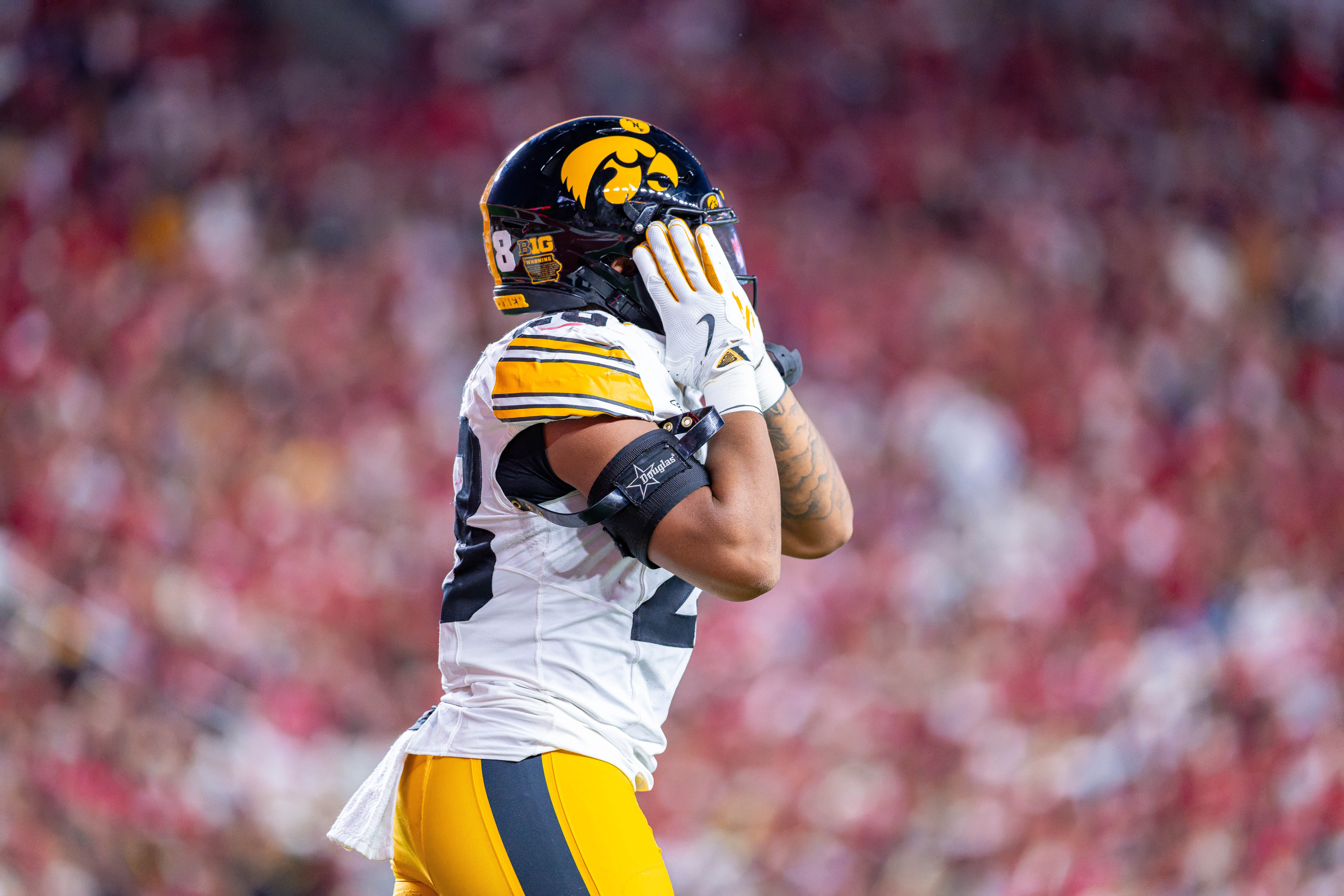 Oct 11, 2025; Madison, Wisconsin, USA; Iowa Hawkeyes running back Kamari Moulton (28) celebrates after scoring a touchdown in the first quarter against the Wisconsin Badgers at Camp Randall Stadium. Mandatory Credit Photography by Ross Harried for Second Crop Sports.