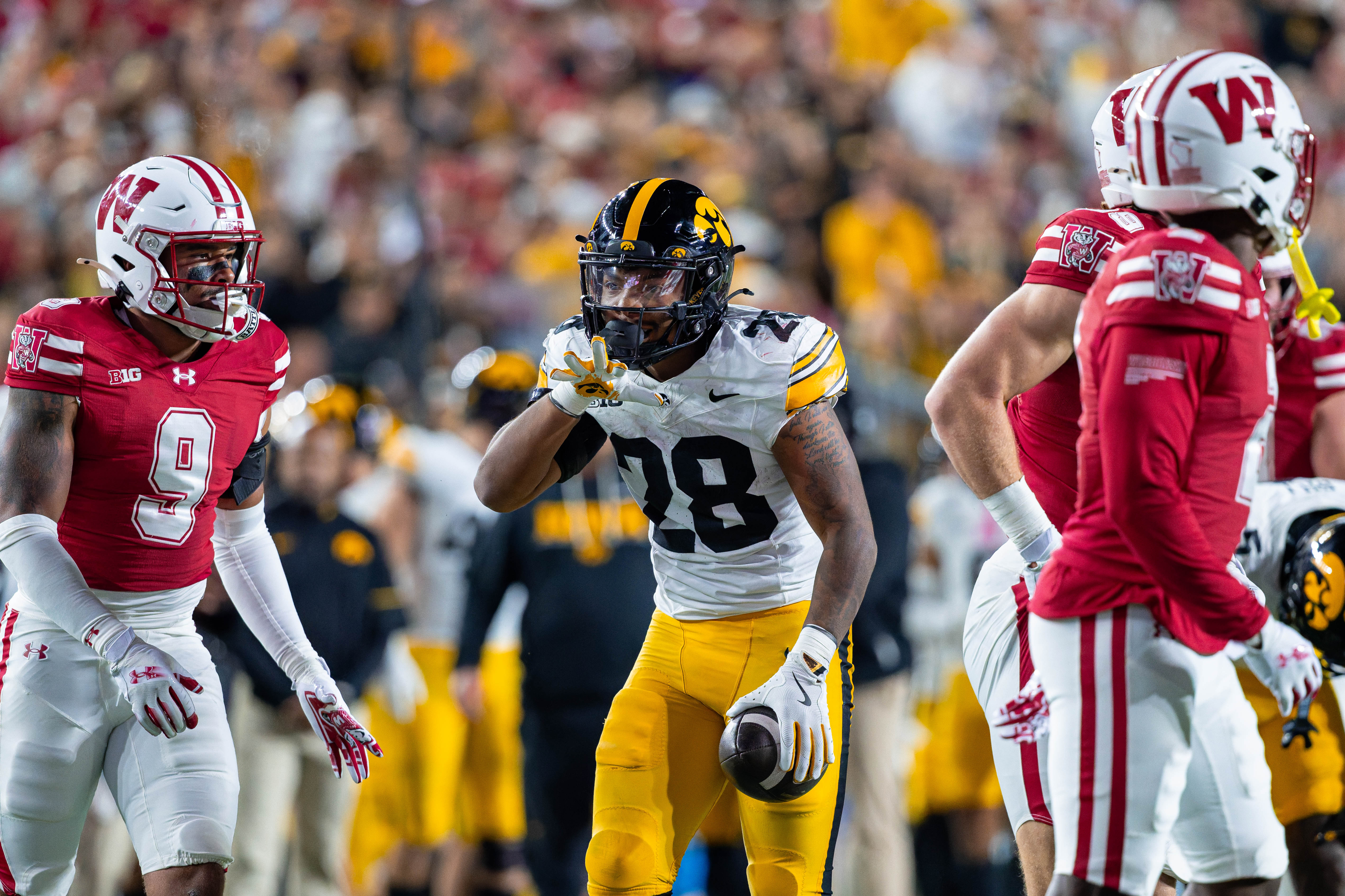 Oct 11, 2025; Madison, Wisconsin, USA; Iowa Hawkeyes running back Kamari Moulton (28) celebrates a first down in the first half against the Wisconsin Badgers at Camp Randall Stadium. Mandatory Credit Photography by Ross Harried for Second Crop Sports.